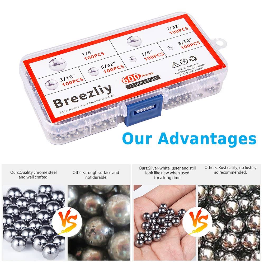 Breezliy 600 Piece 6 Sizes Assorted Loose Bicycle Bearing Balls 1/4