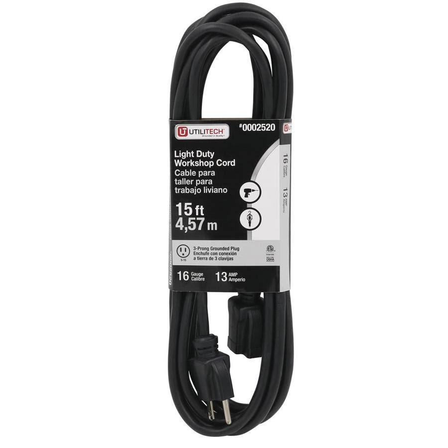 Utilitech 15-ft 16 / 3-Prong Indoor SJT Light Duty General Extension Cord in Black | UT502615