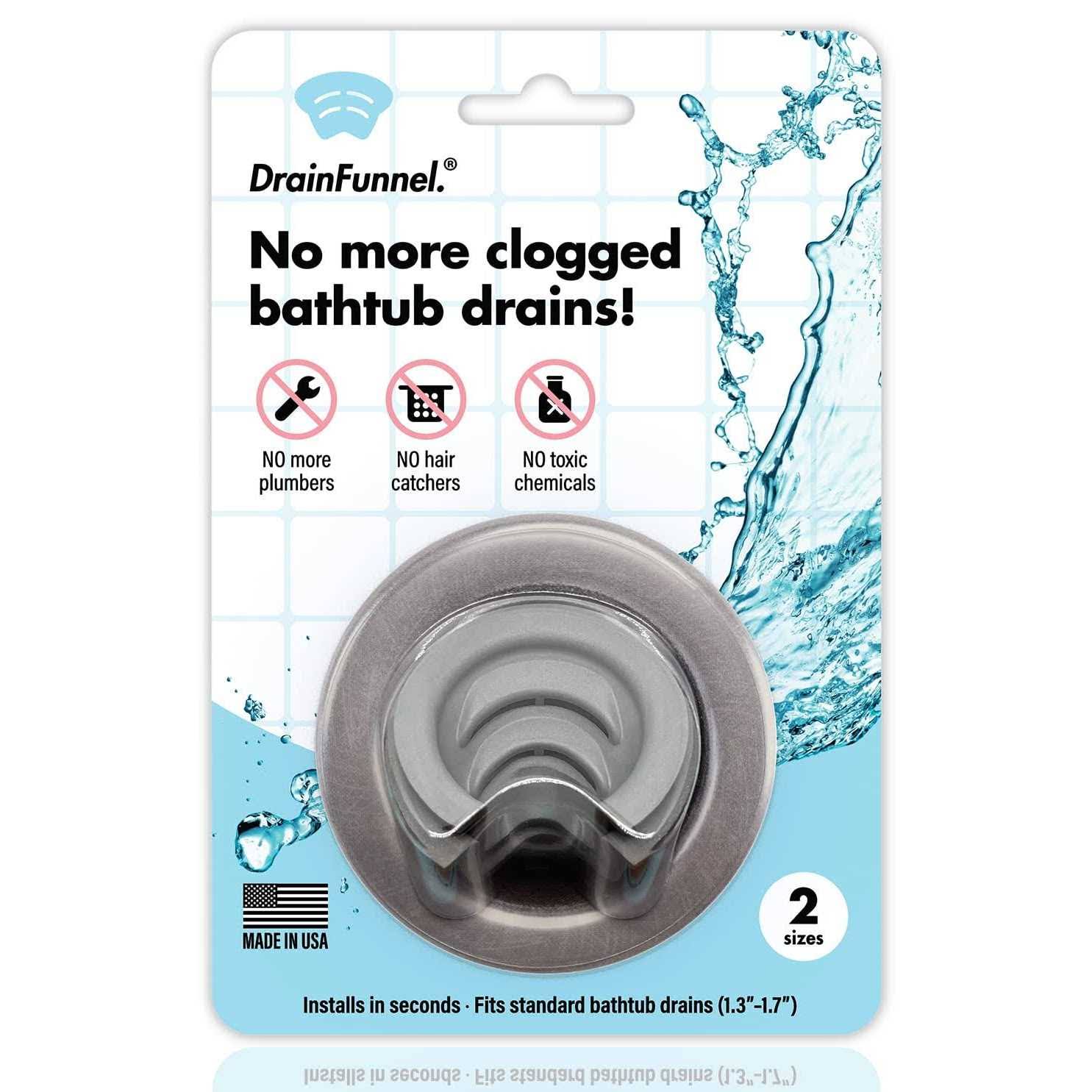 DrainFunnel Bathtub Drain Funnel for Hair Clog Prevention, 2 Size Pack 1.3