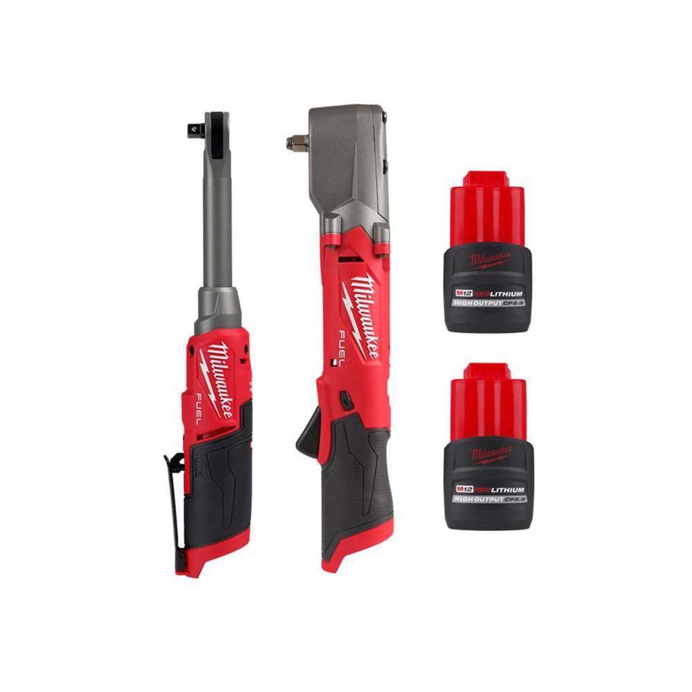 Milwaukee M12 Fuel 3/8 in. Extended Reach High Speed Cordless Ratchet w/3/8 in. Right Angle Impact Wrench & (2) 2.5 Ah Batteries