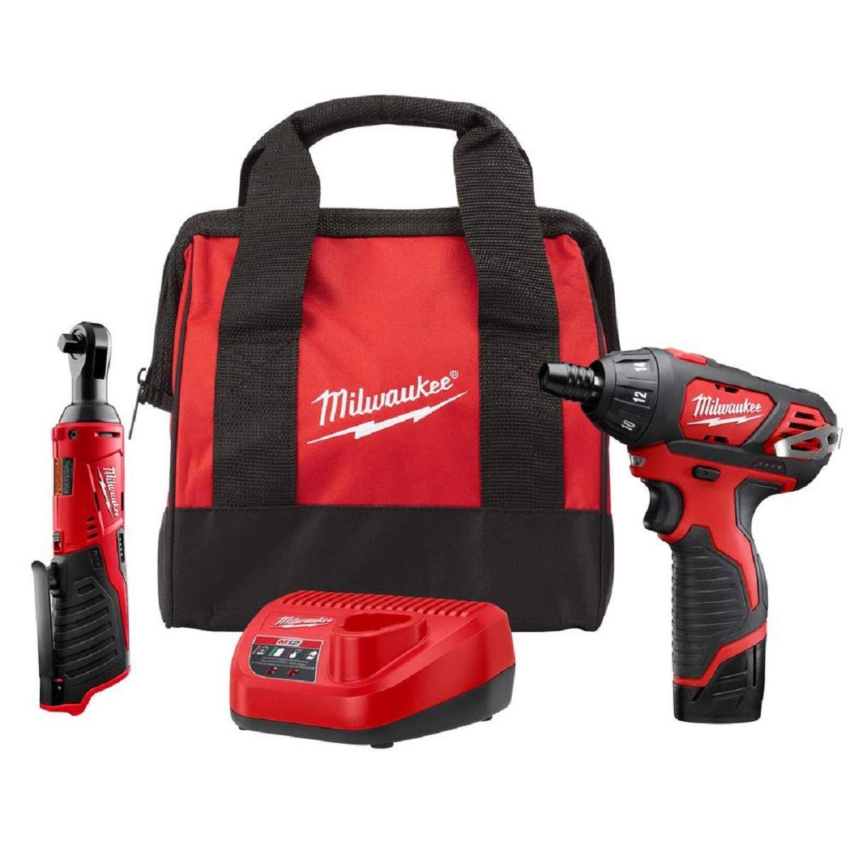 Milwaukee M12 12V Lithium-Ion Cordless 3/8 in. Ratchet and Screwdriver Combo Kit (2-Tool) with Battery, Charger, Tool Bag