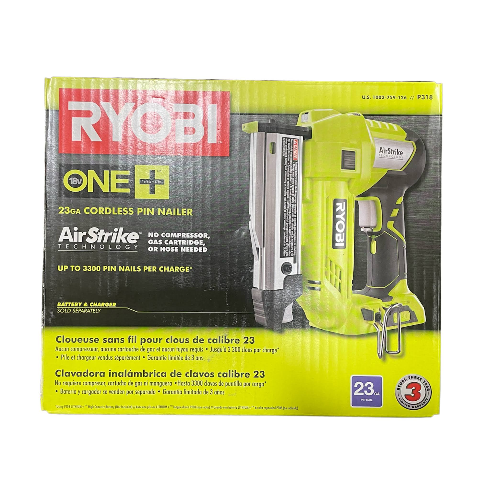 Ryobi One+ 18V Cordless Airstrike 23-Gauge 1-3/8 in. Headless Pin Nailer (Tool Only) P318