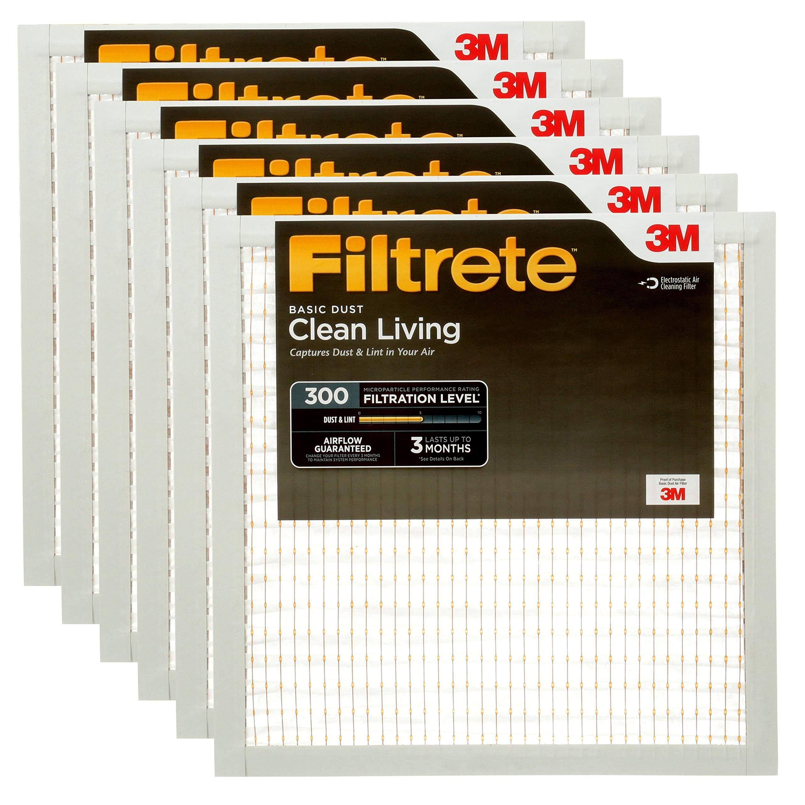 Filtrete 20x20x1, AC Furnace Air Filter, MPR 300, Clean Living Basic Dust, 6-Pack (Exact Dimensions 19.69 x 19.69 x 0.81)