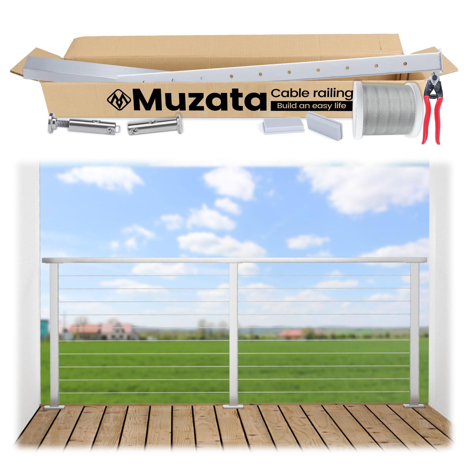 Muzata 6.5ft / Brushed- Surface Mount Complete Set Cable Railing System, One Stop Service All-in-One DIY Kit Fit