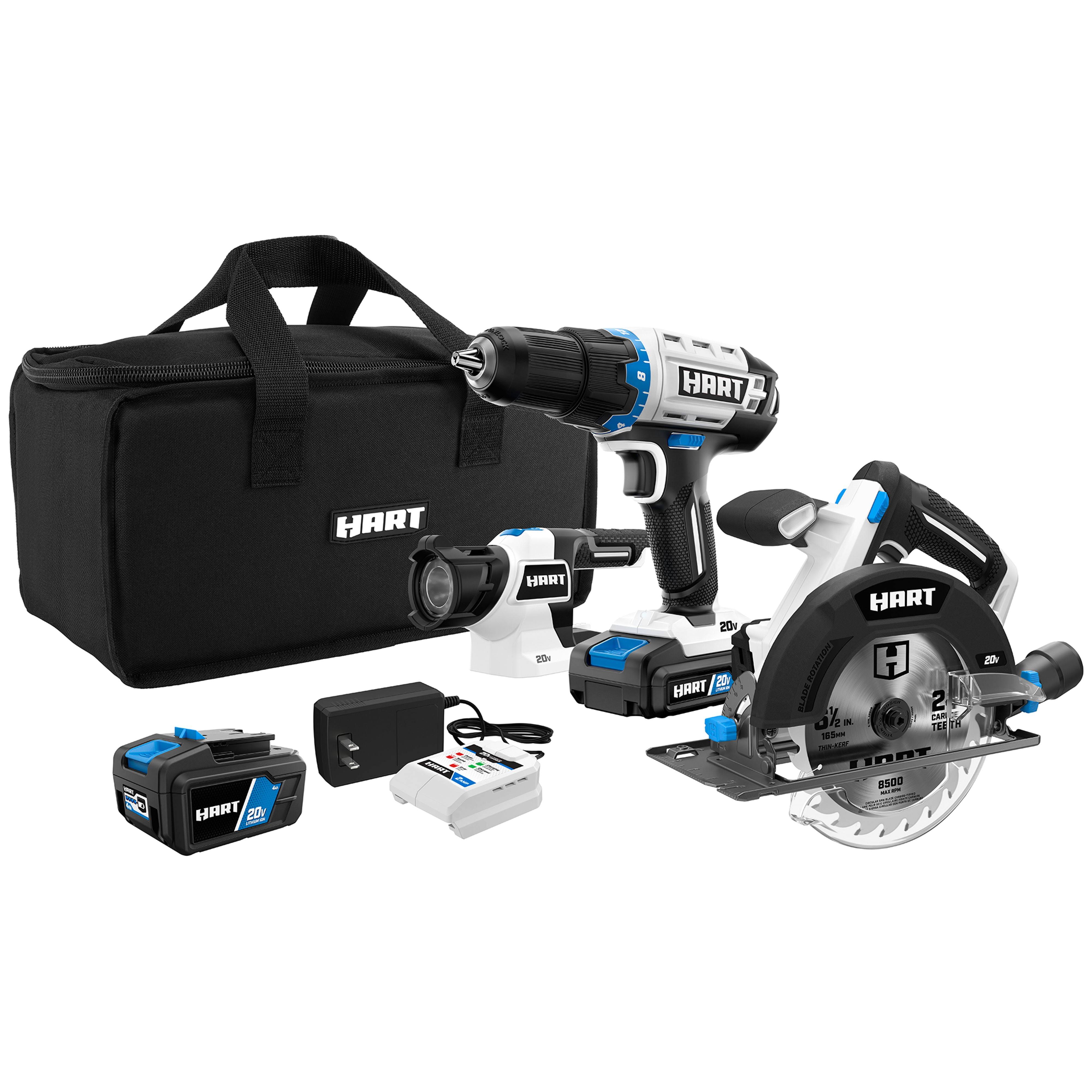 Hart 3-Tool 20-Volt Cordless Combo Kit with and 16-inch Storage Bag, (1) 1.5Ah (1) 4.0Ah Lithium-Ion Batteries