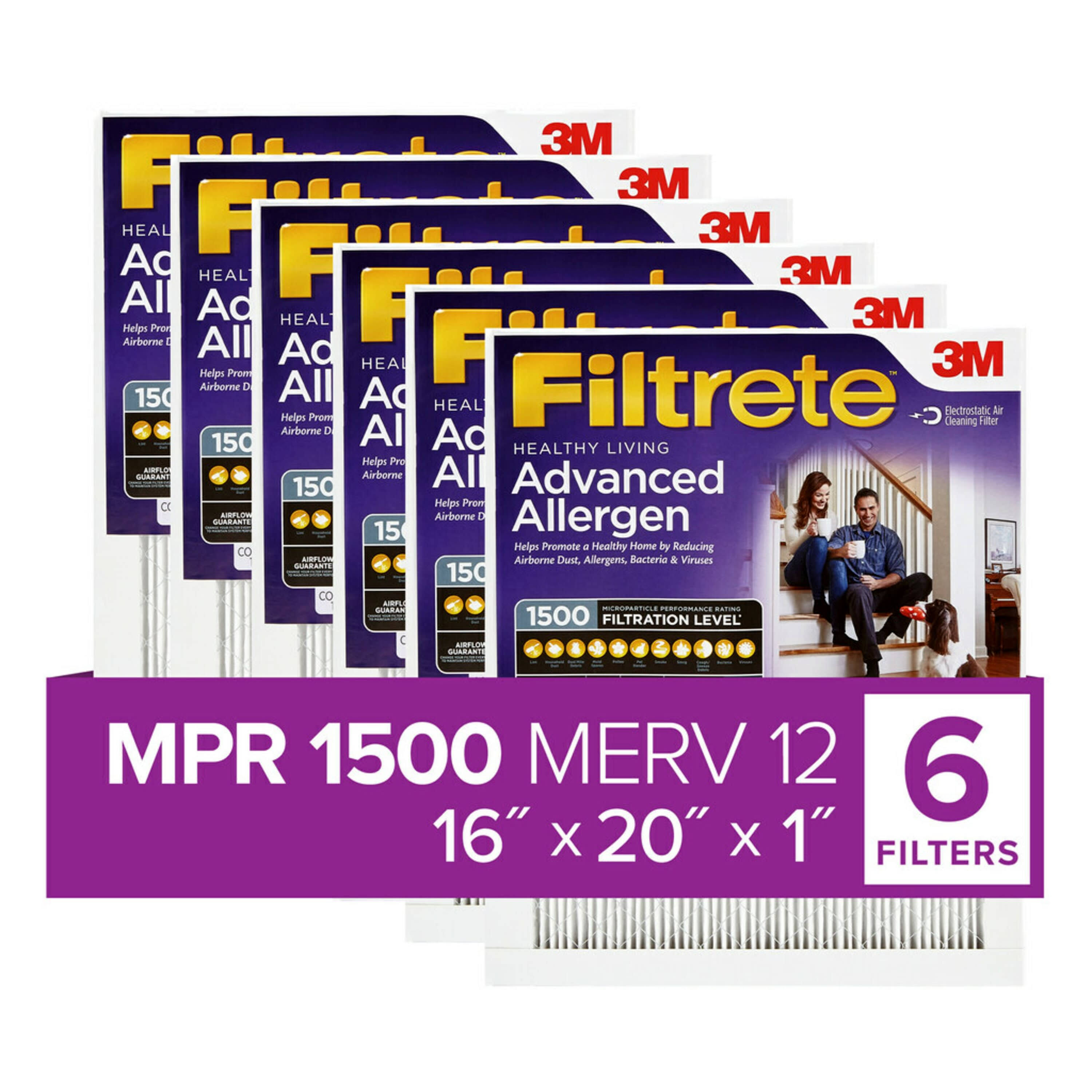 Filtrete by 3M 16x20x1, MERV 12, Advanced Allergen Reduction HVAC Furnace Air Filter, 1500 Mpr, 6 Filters