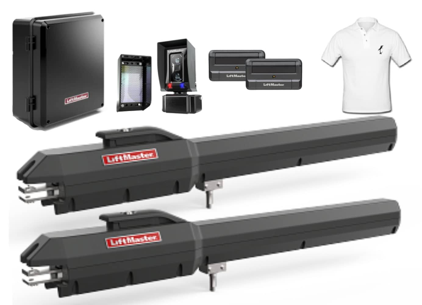 Liftmaster LA500PKGUL Dual Swing Gate Opener Kit- Includes Extra LA500 Arm, (2) 811lm Remotes, Battery Backup, Receiver & Photocell, Gate Sensor,