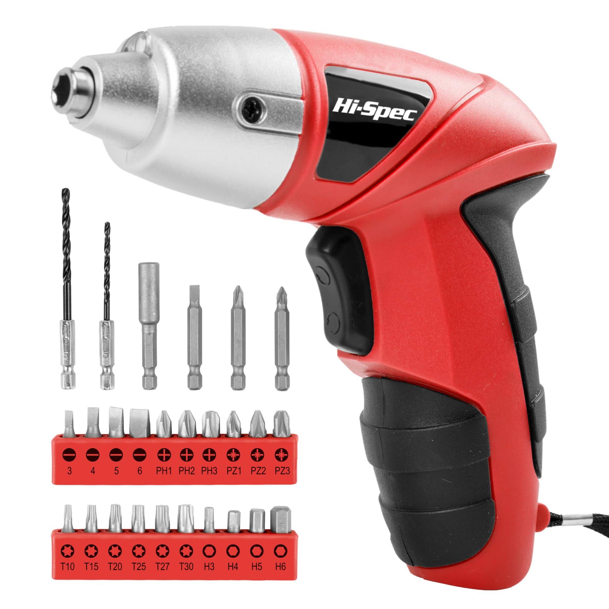 Hi-Spec 27pc 3.6V Red USB Small Power Electric Screwdriver Set. Cordless & Rechargeable with Driver Bit Set