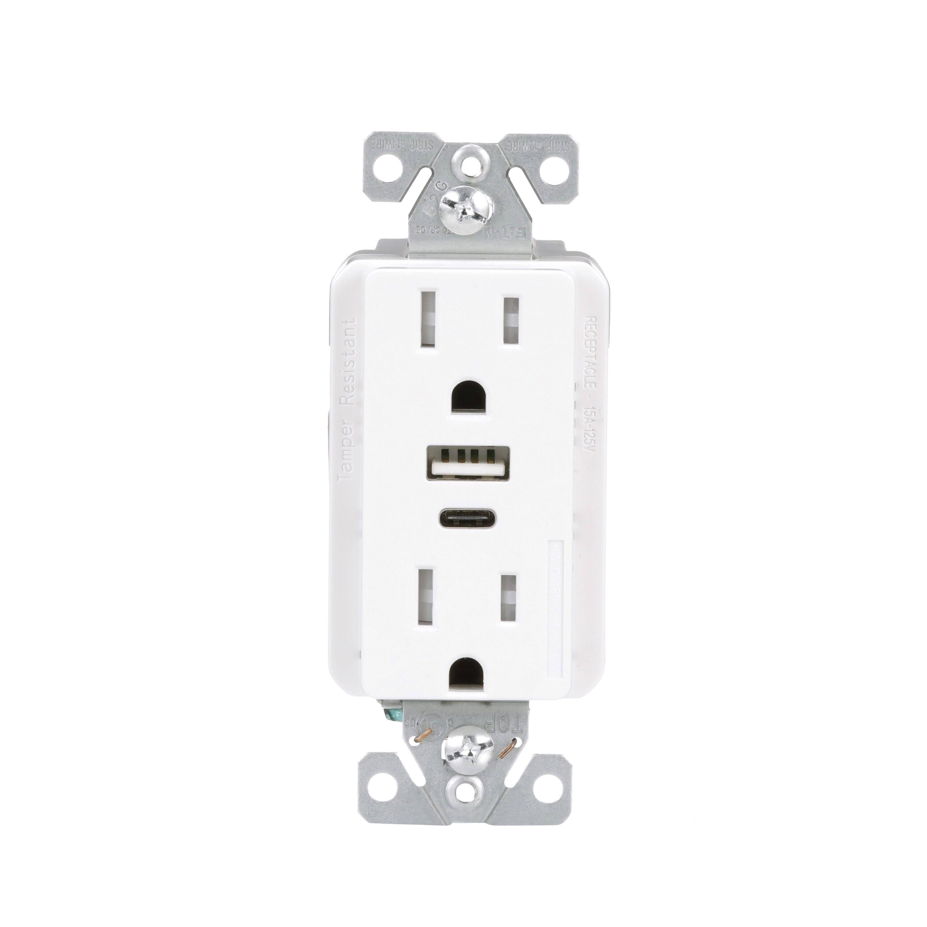 Eaton 15-Amp Tamper Resistant Residential/Commercial Decorator USB Outlet, White | TRUSBAC15W-KB-LW