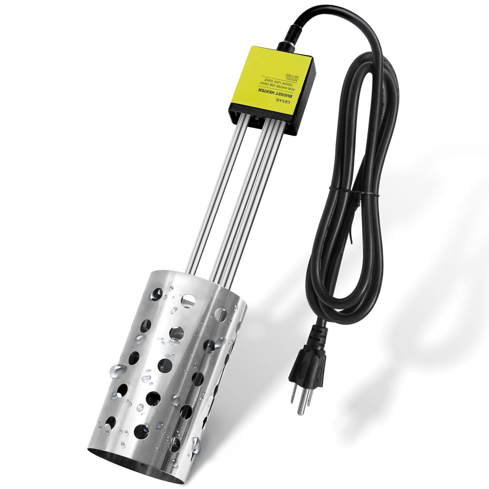 1500W Immersion Heater, Gesail UL-Listed Bucket Water Heater with 304 Stainless-Steel Guard, Submersible Bucket Heater with Thermostat and Auto