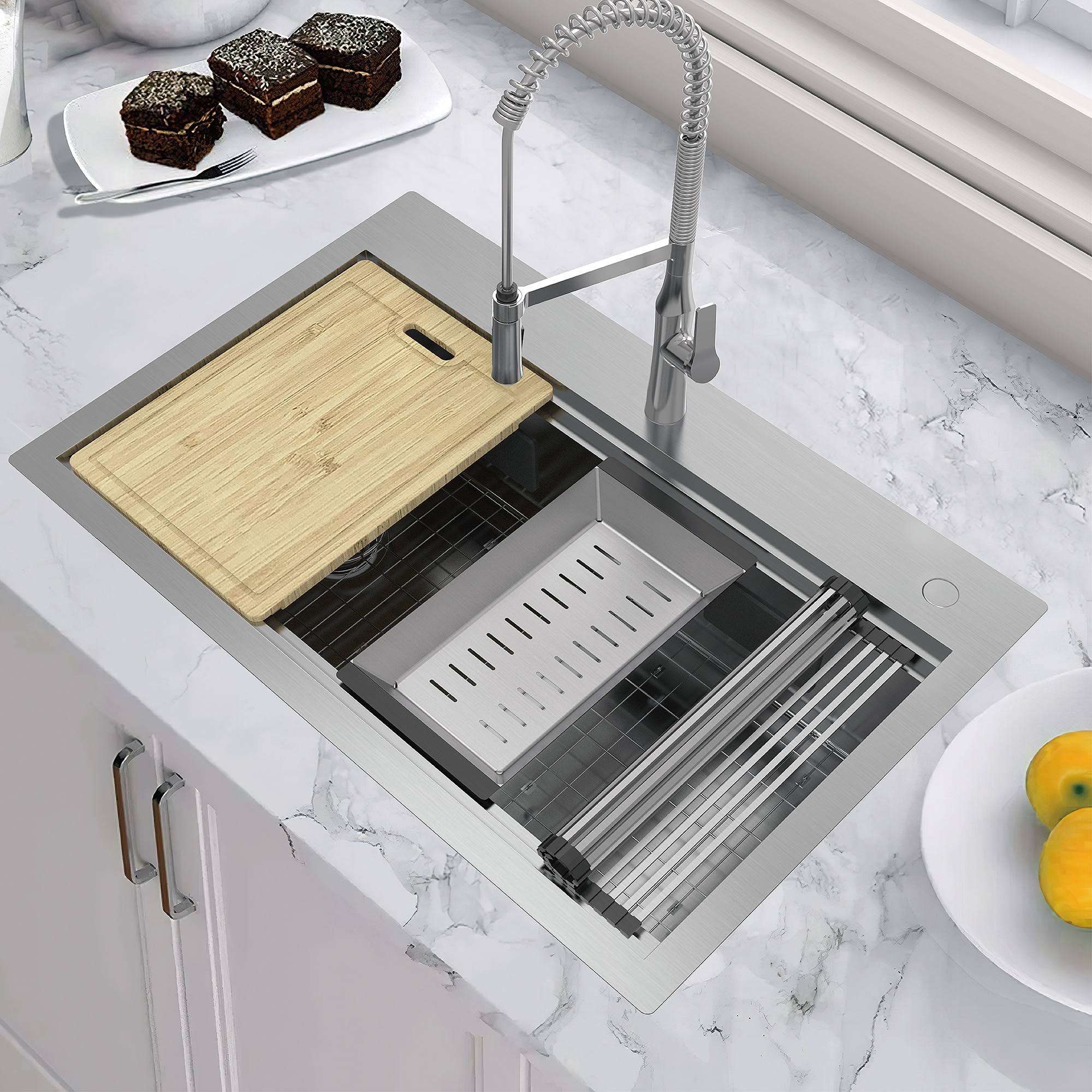 Allen + Roth The Dennison Dual-Mount 33-in x 22-in Stainless Steel Single Bowl 2-Hole Workstation Kitchen Sink All-in-One Kit | FSD2Z3322C1