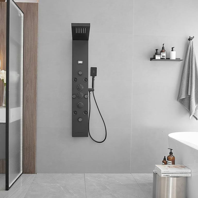 BWE 8-Jet Rainfall Shower Tower Shower Panel System with Rainfall Waterfall Shower Head and Shower Wand in Matte Black