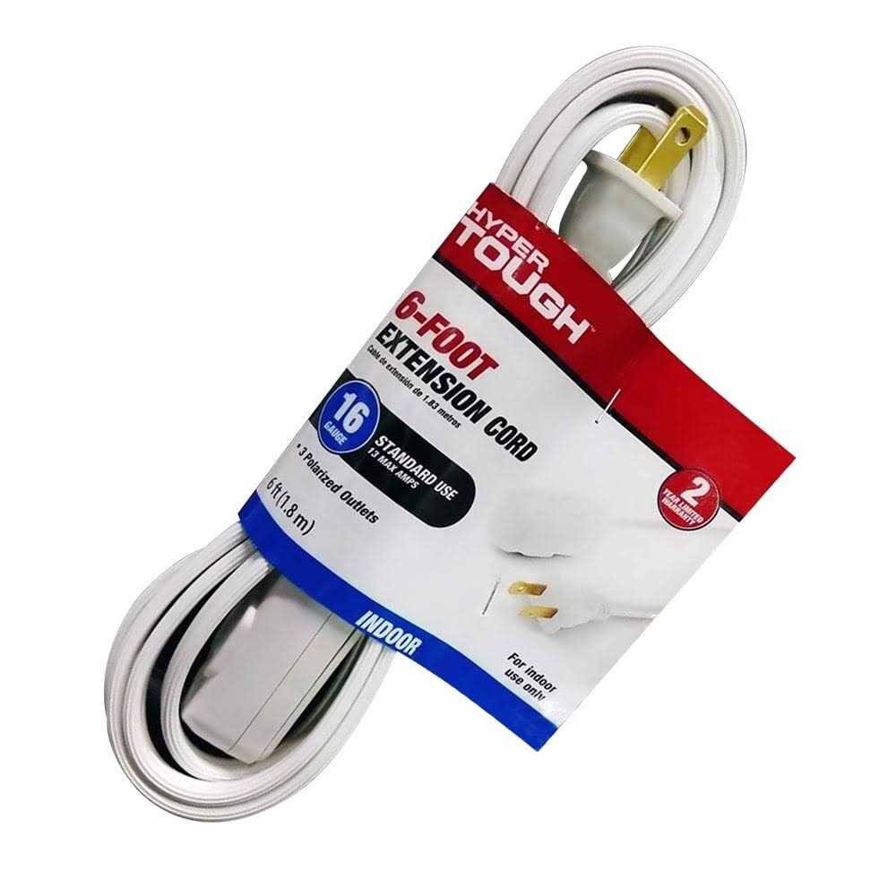 Hyper Tough 6ft 16AWG 2 Prong White Indoor Household Extension Cord, Size: 6' 00001