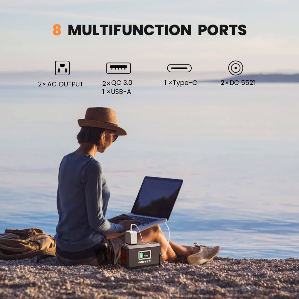 HOWEASY 120W Portable Power Station, 88Wh Solar Generator, Lithium Battery Power with 2 110V AC (Peak 150W) Socket/ 3 DC Ports/2 USB QC3.0/LED Light