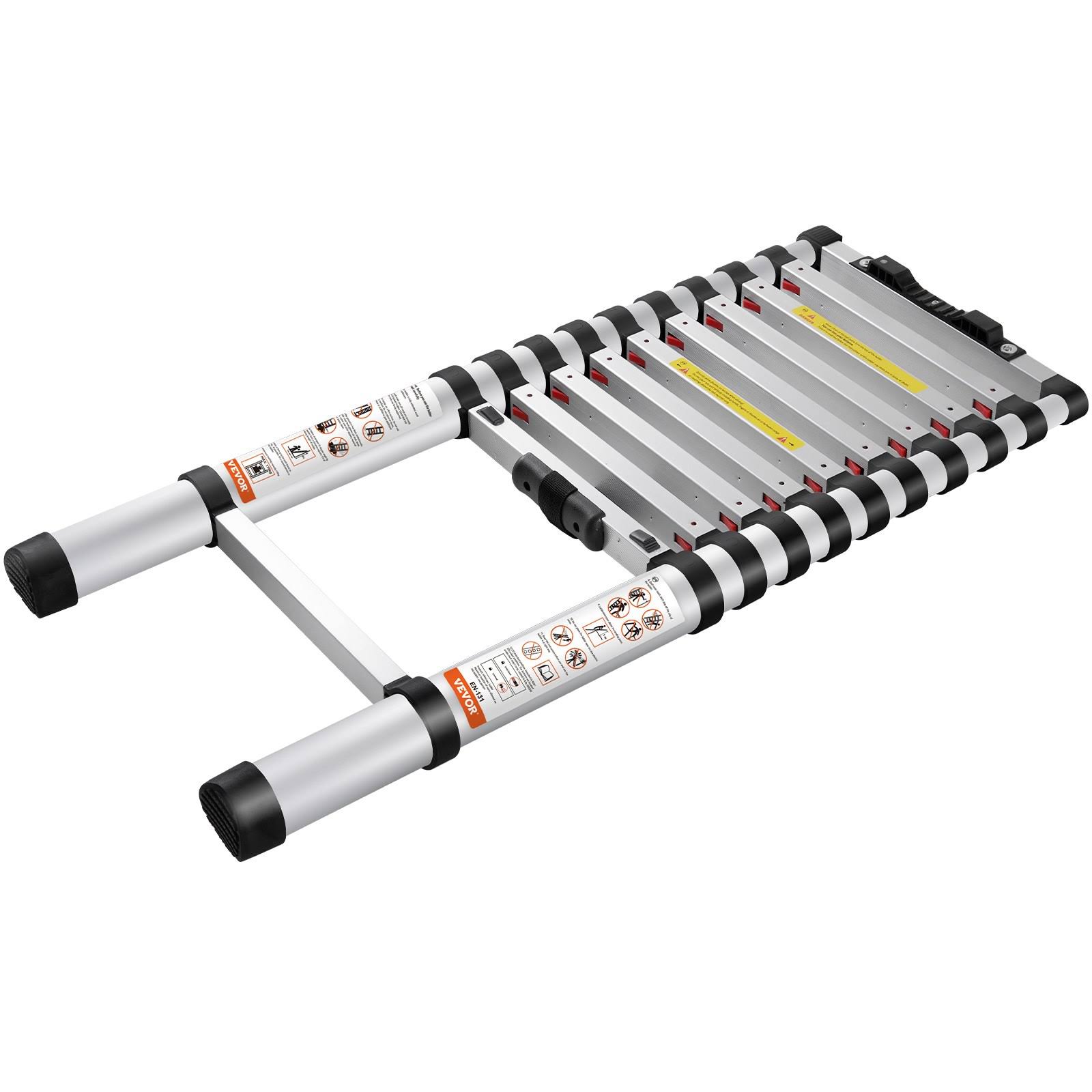VEVOR Telescoping Ladder 10.5ft 12.5ft & 15 ft Aluminum One-Button Retraction Extension Ladder 375lbs 400lbs Capacity- 10.5 ft
