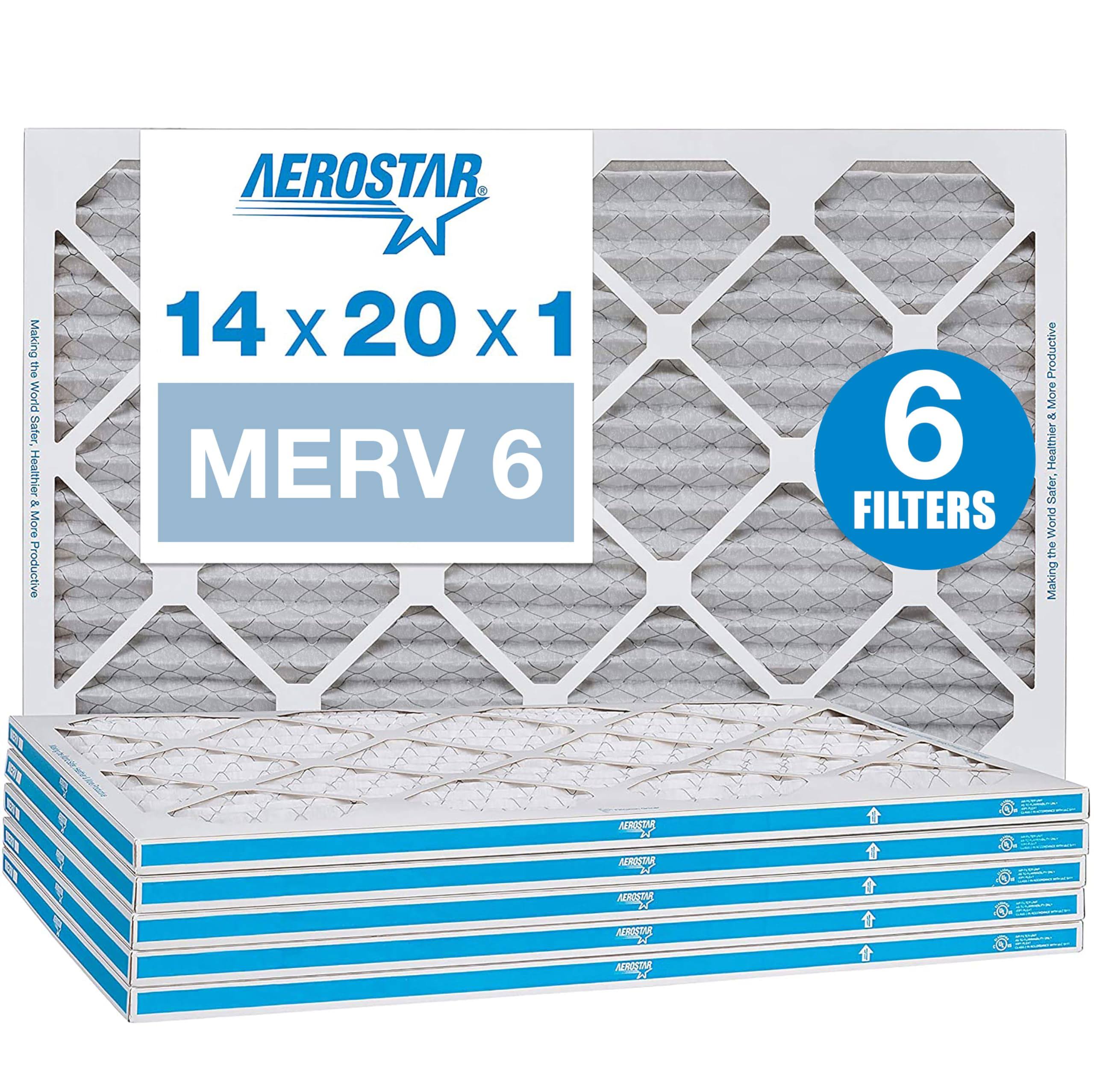 Aerostar 14x20x1 MERV 6 Pleated Air Filter, AC Furnace Air Filter, 6 Pack (Actual Size: 13 3/4