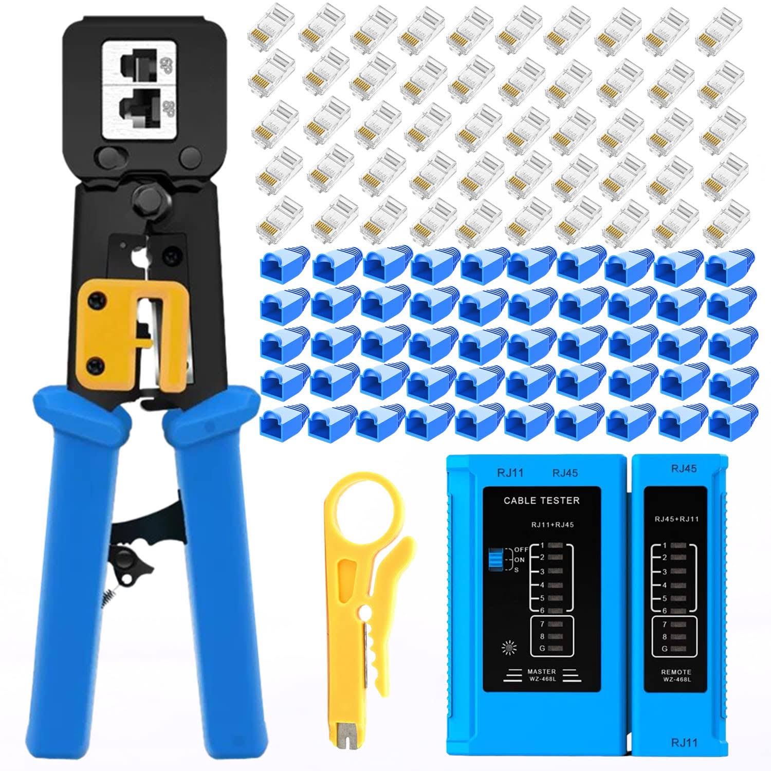 Gaobige RJ45 Crimping Tool for Cat6 Cat5e Cat5, Sturdy Crimper for RJ45 rj12/11 Pass-Through Connectors with 50pcs RJ45 Cat5e Pass-Through