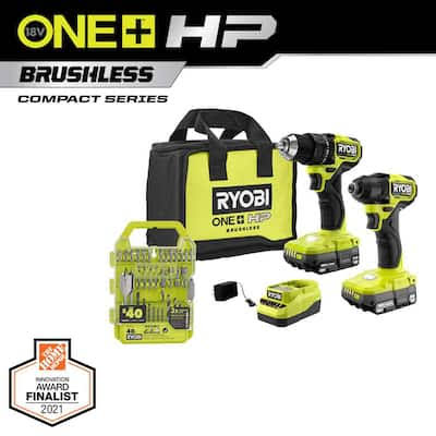 Ryobi PSBCK01K-A98401 One+ HP 18V Brushless Cordless Compact 2-Tool Combo Kit w/Drill, Impact Driver, Batteries, Charger, Bag, & 40pc Bit Set