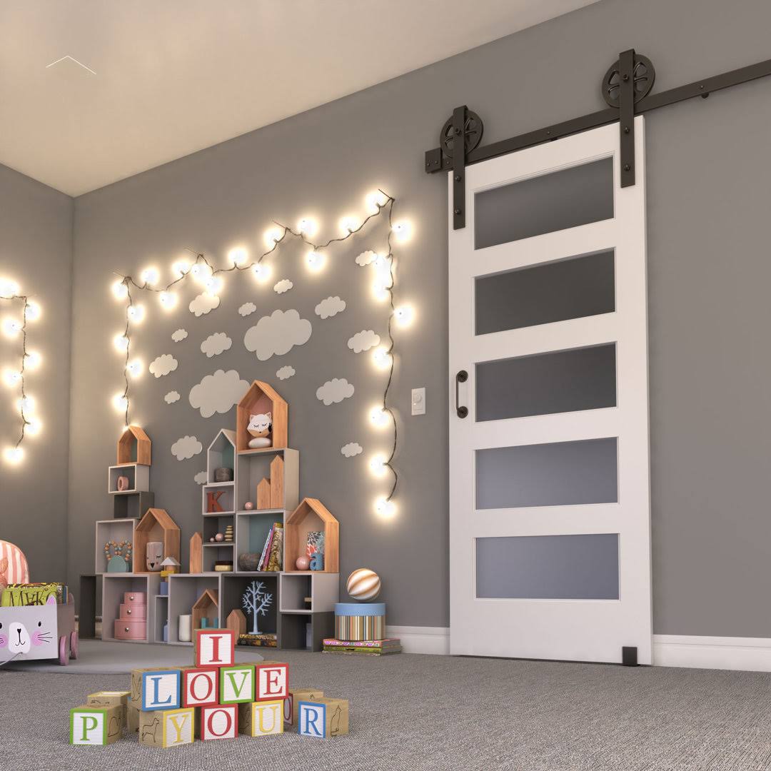 EightDoors 96 inch x 36 inch 5-Lite Frosted Glass White Prefinished Solid Wood Core Barn Door