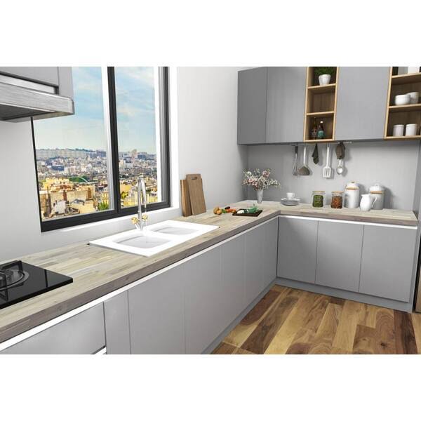 Interbuild 8 ft. L x 25.5 in. D, Acacia Butcher Block Standard Countertop in Organic White with Square Edge