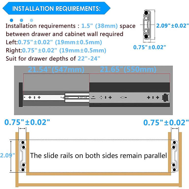 AOLISHENG 53mm Heavy Duty Drawer Slides 36 inch 180 lb Load Capacity 3 Section Drawer Slide Rails Side Mount 2pcs, Size: 36/900mm, White