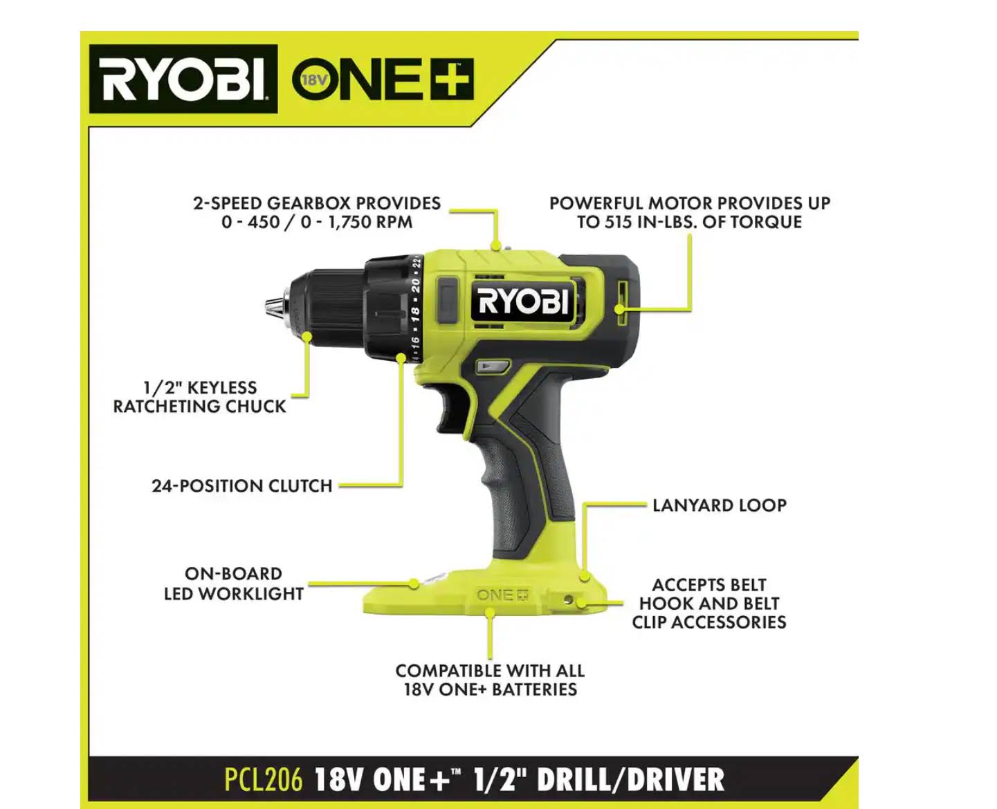 Ryobi PCL206K1 One+ 18V Cordless 1/2 in. Drill/Driver Kit with (1) 1.5 Ah Battery and Charger