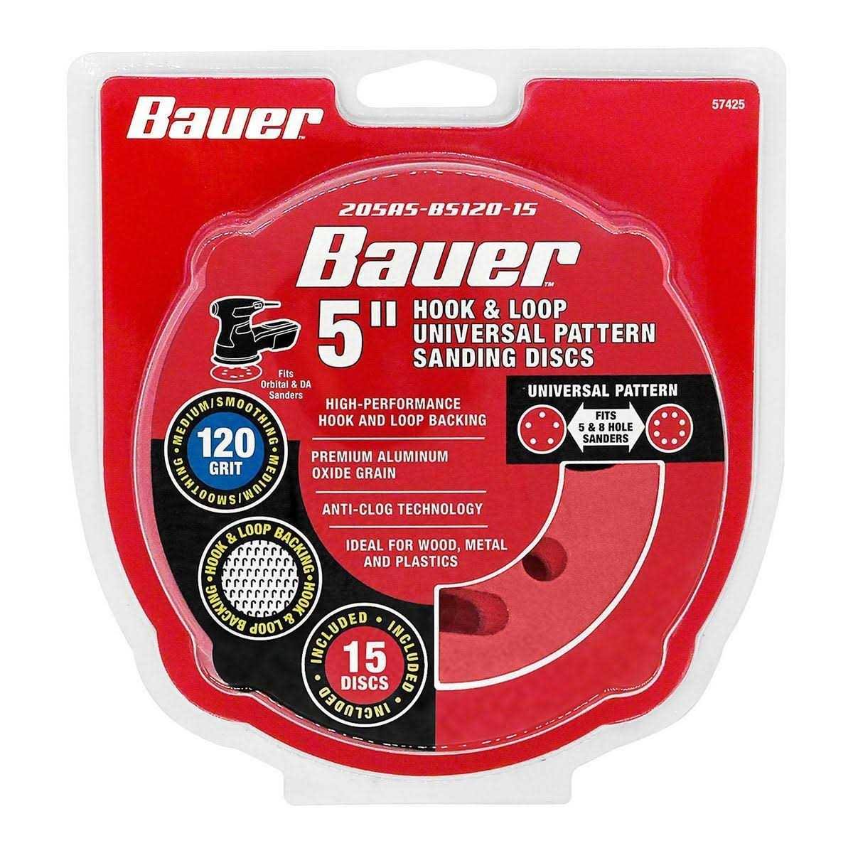 Bauer 5 in 120 Grit Hook and Loop Universal Pattern Sanding Discs, 15 Pack 57425