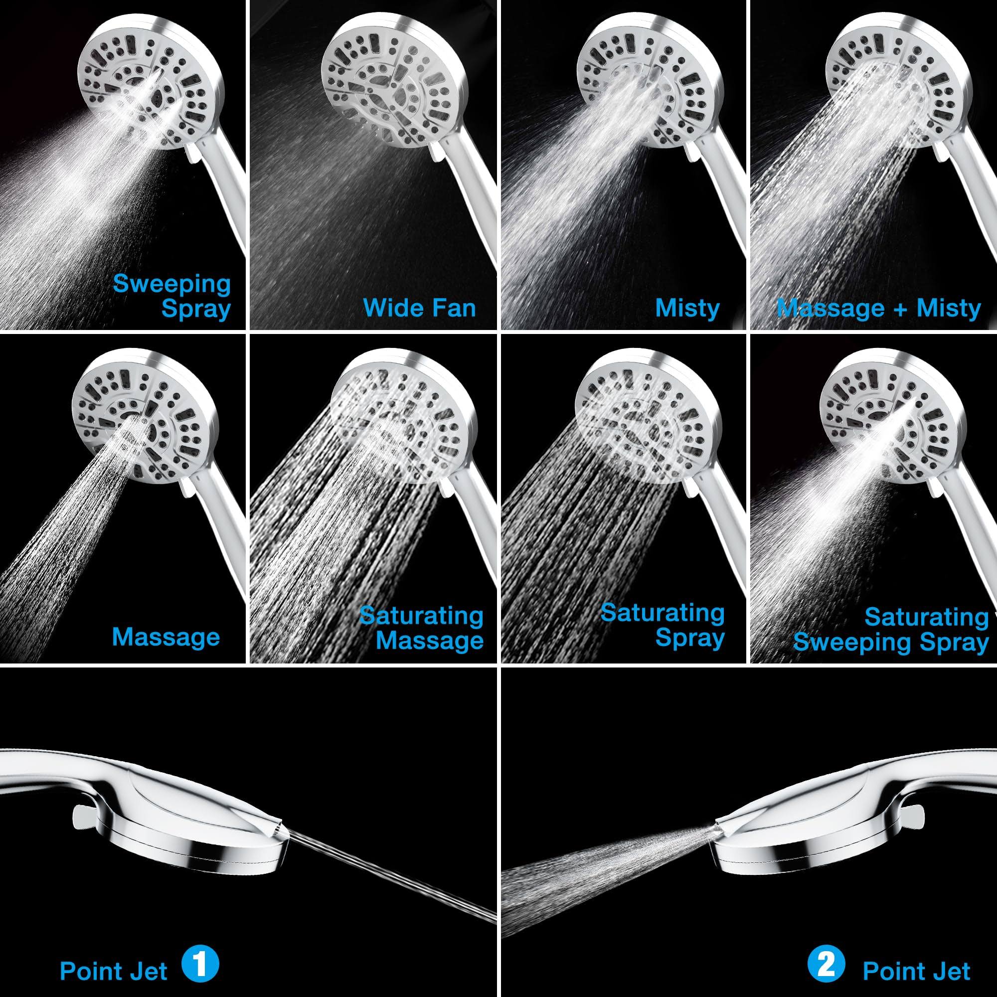 8 Massage Setting & 2 Jet Modes High Pressure Shower Heads, 5.04