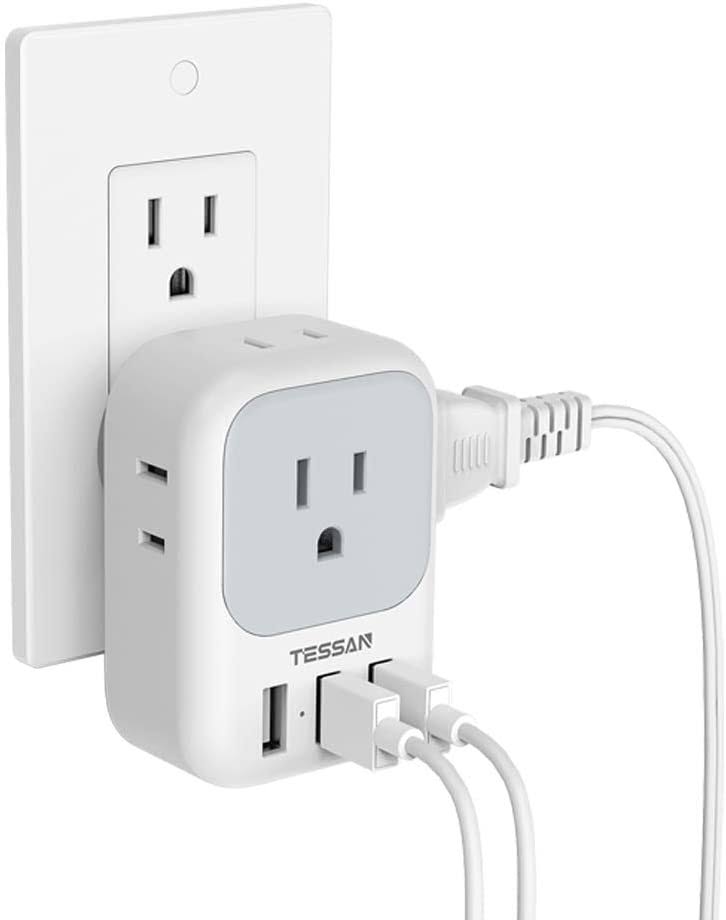 Multi Plug Outlet Extender with USB, TESSAN Electrical 4 Box Splitter 3 USB Wall Charger, Multiple Charging Station for Cruise, Travel, Office, Dorm