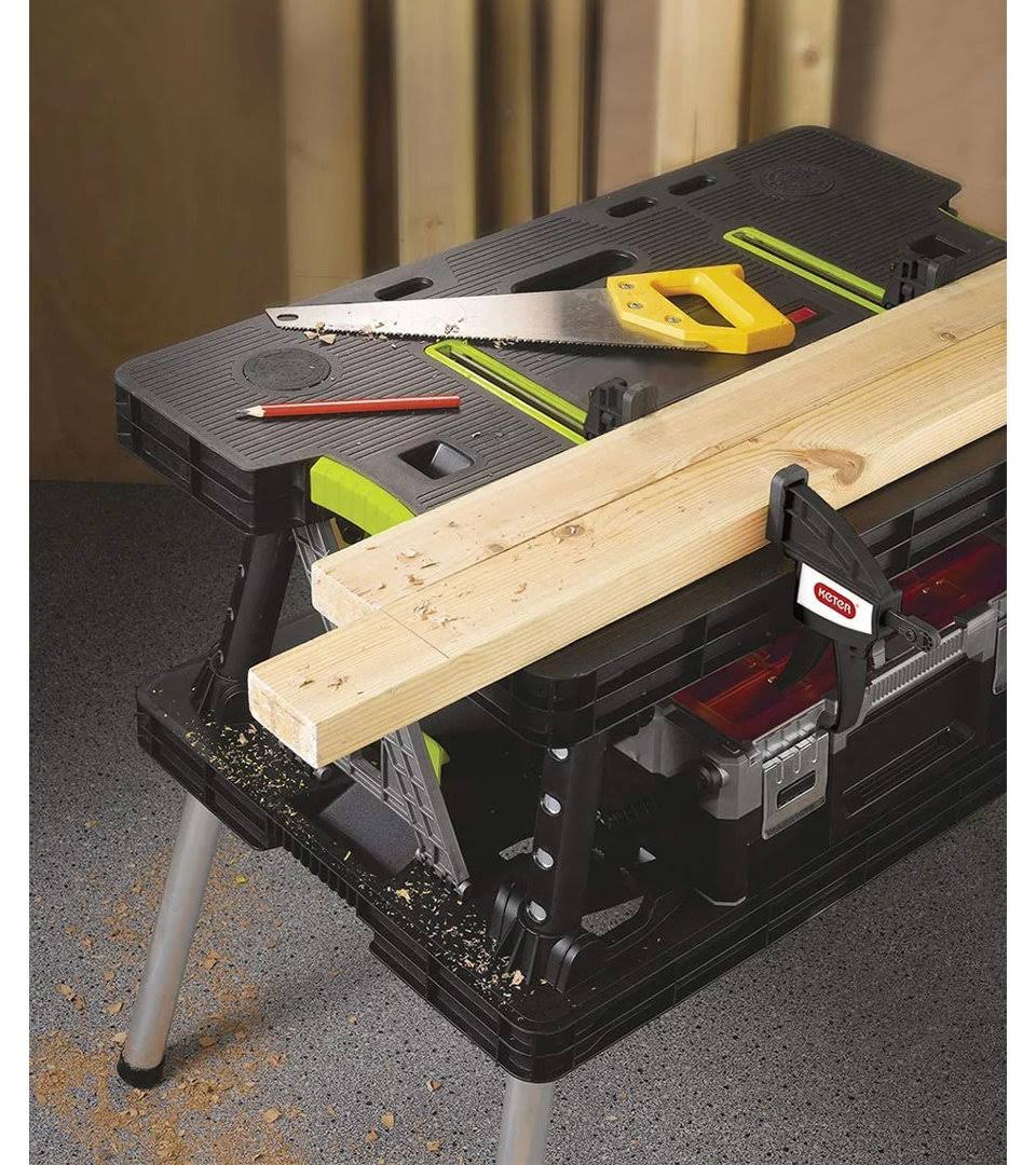 Keter Compact Work Table Portable Folding Garage Workbench with Clamps