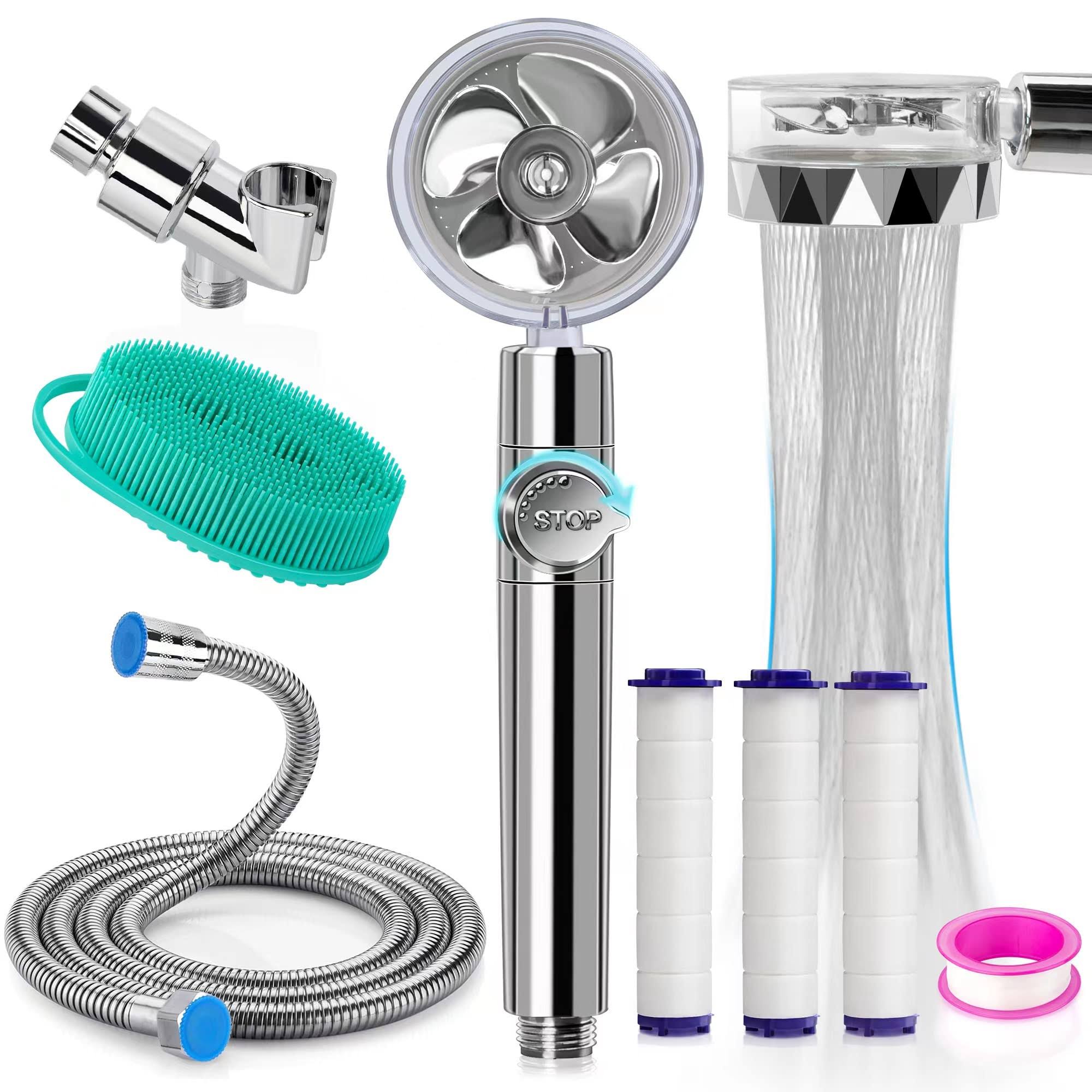High Pressure Shower Heads Kit with 79 inch Shower Hose/Shower Arm Holder/3 PP Cotton Filters/Silicone Body Scrubber Loofah, Handheld Turbo Fan