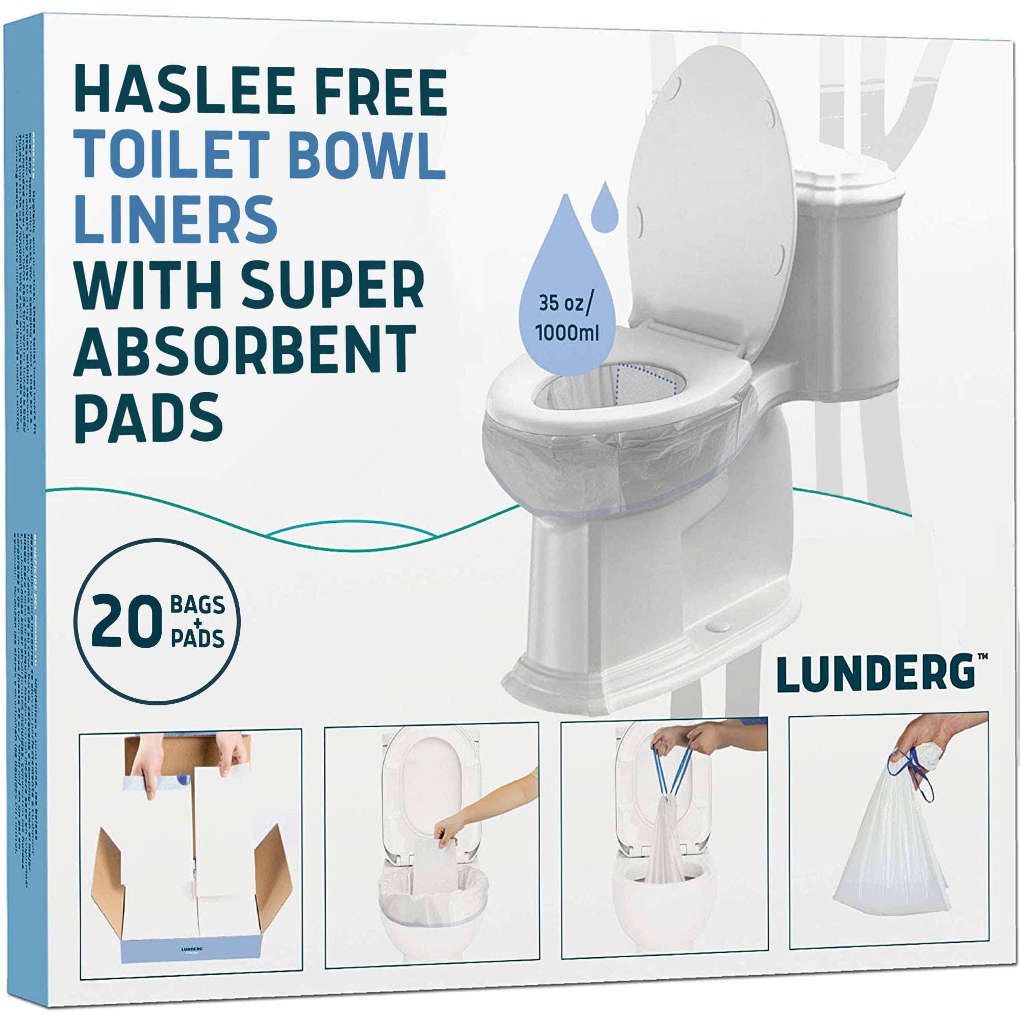 Lunderg Toilet Bowl Liners with Super Absorbent Pads- Value Pack 20 Count Universal Fit- Disposable Toilet Bags to Convert Any Home, Boat or
