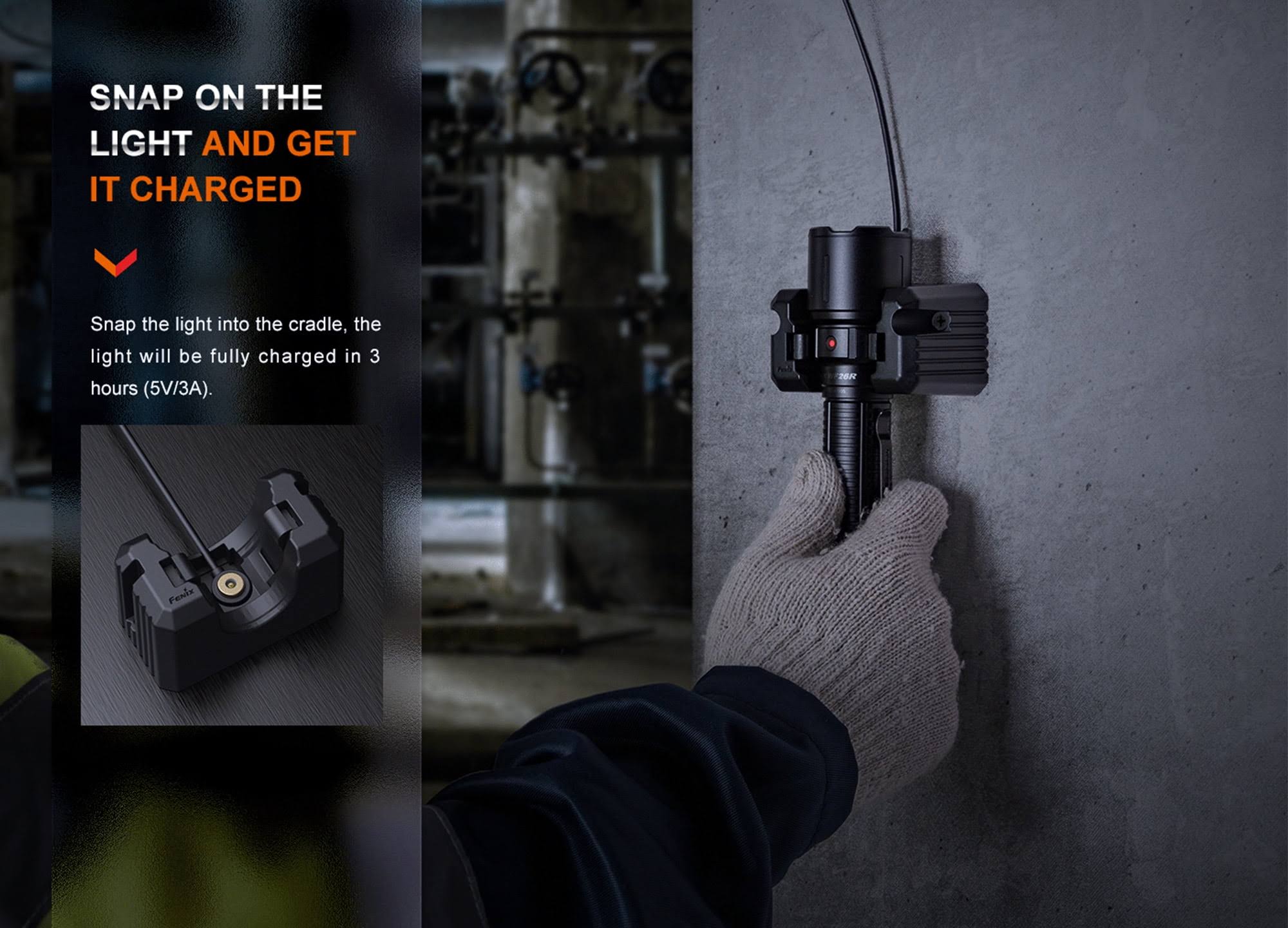 Fenix WF26R 3000 Lumen Rechargeable Duty Flashlight with Charging Cradle, Men's, Size: 14, Black