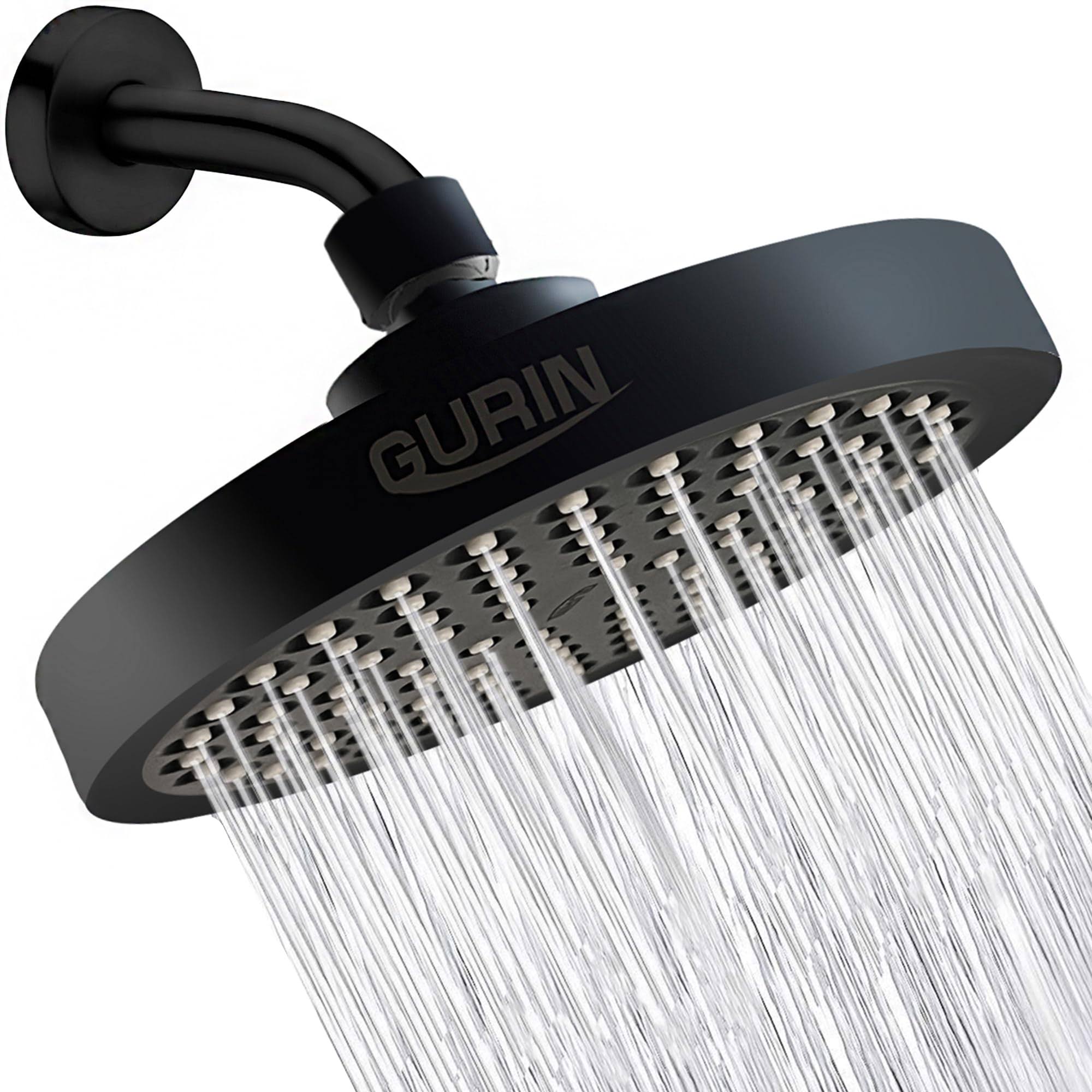Gurin Shower Head High Pressure Rain, Luxury Bathroom Showerhead with Adjustable Angles, Anti-Clogging Silicone Nozzles- Matte Black, 6 inch Round
