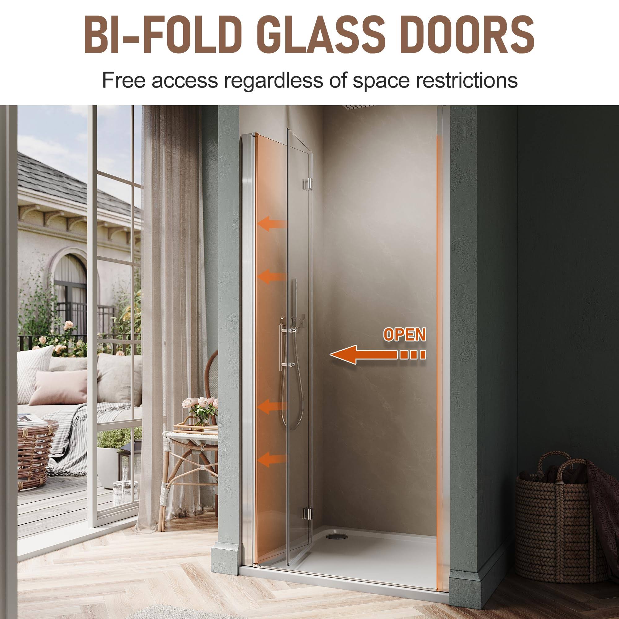 Sunny Shower Frameless Bi-Fold Shower Door 34 in. W x 72 in. H Shower Door Hinged, 1/4