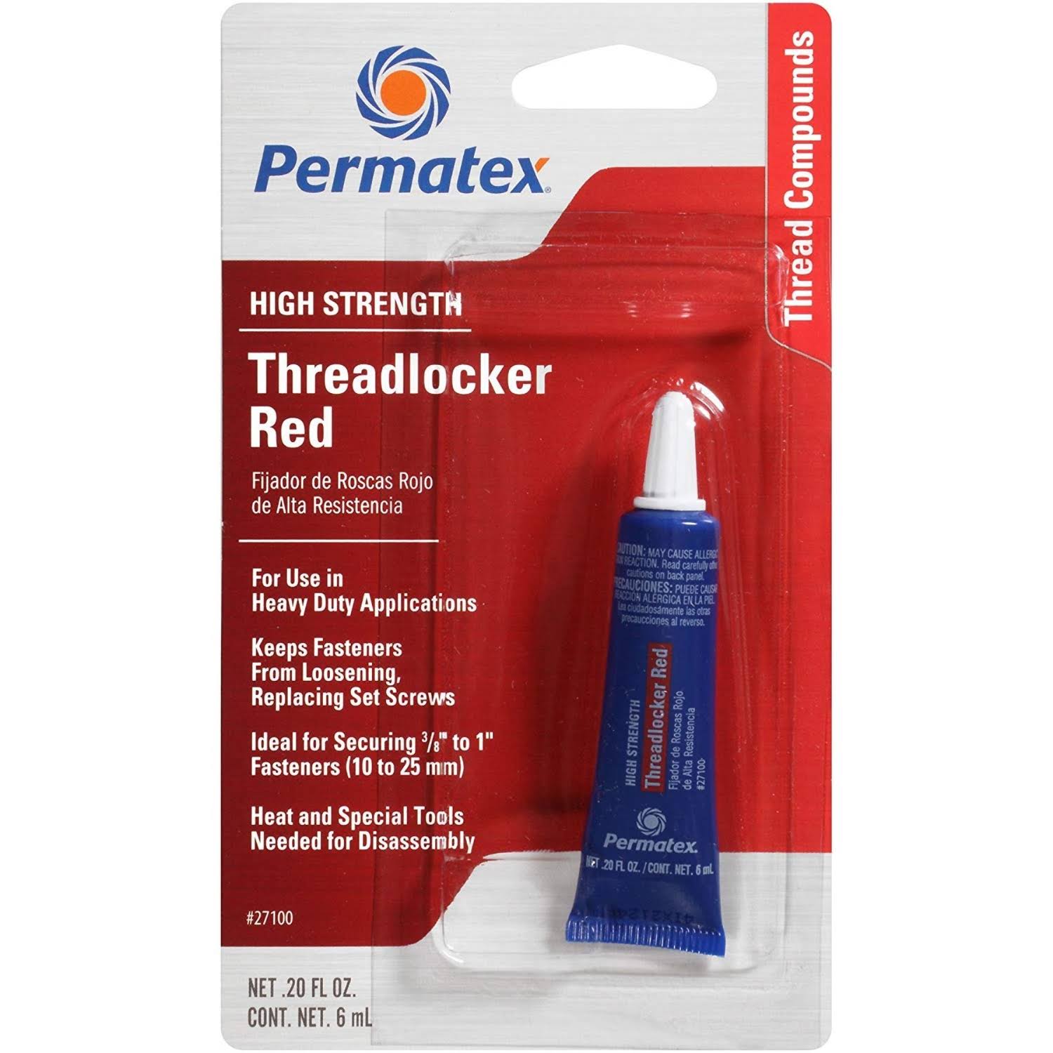 Permatex 209741 Threadlocker Sealant, 6 ml Tube, Red