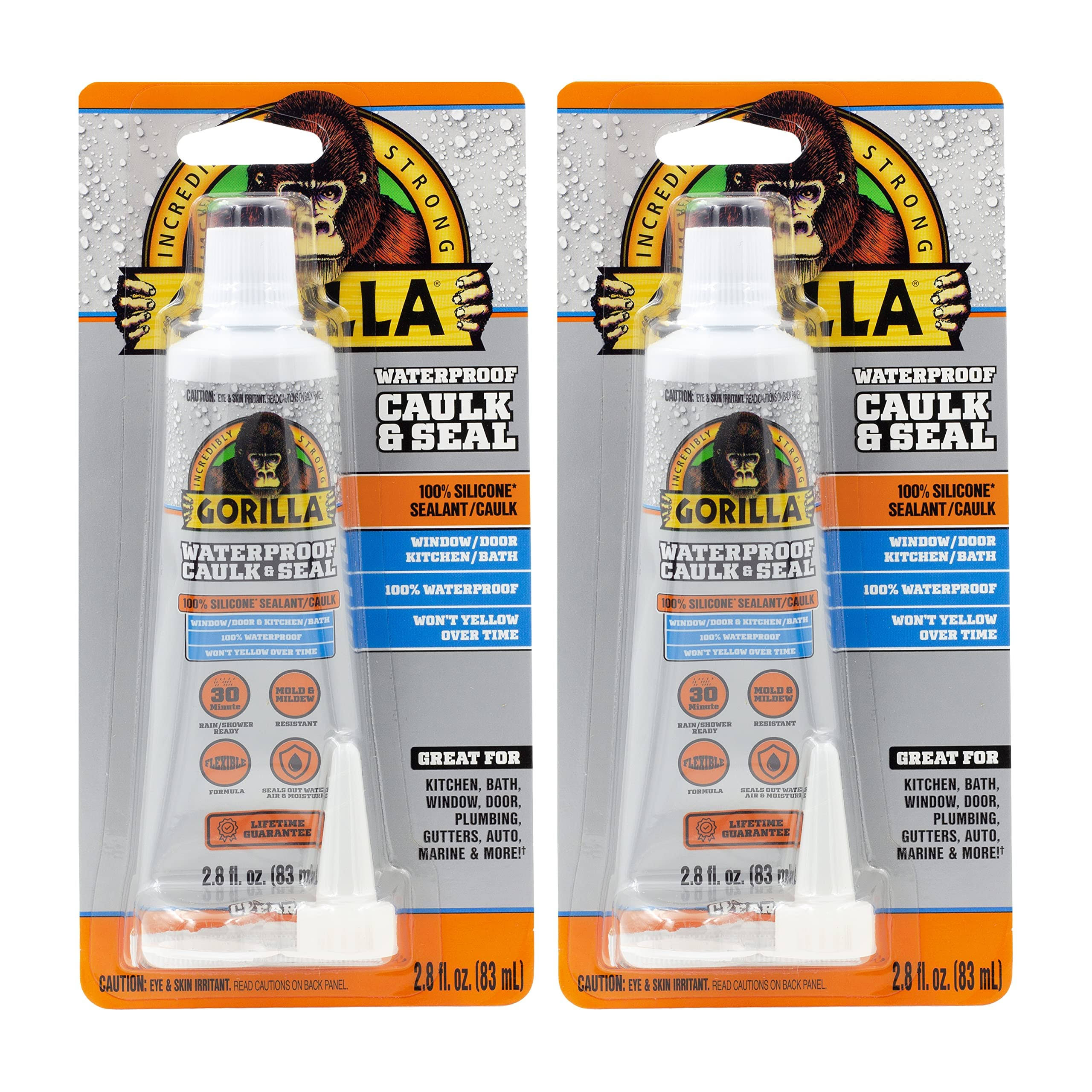 Gorilla Waterproof Caulk & Seal 100% Silicone Sealant, Clear, 2.8oz Squeeze Tube (Pack of 2)