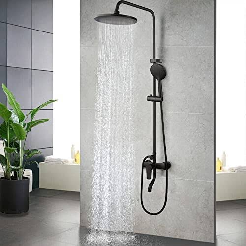YANKSMART Black Shower System Set Rainfall Spout Round Head with Wall Mounted