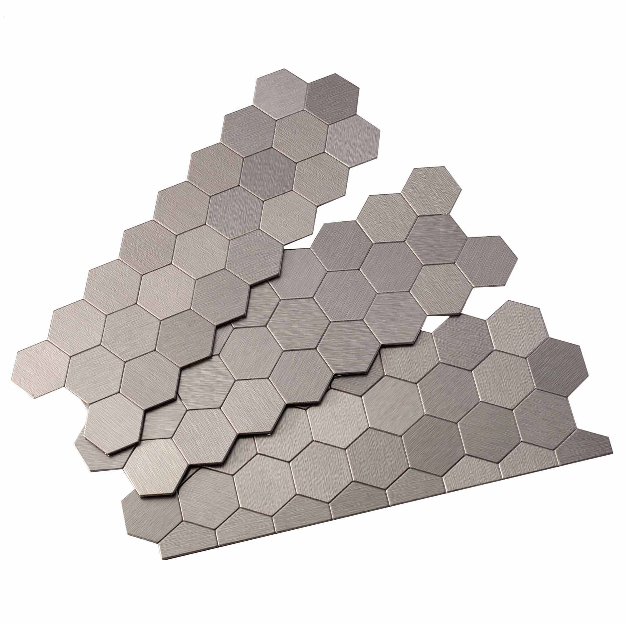 Aspect 12-Inch x 4-Inch Peel and Stick Brushed Stainless Honeycomb Matted Metal Backsplash Tile, 3-Pack