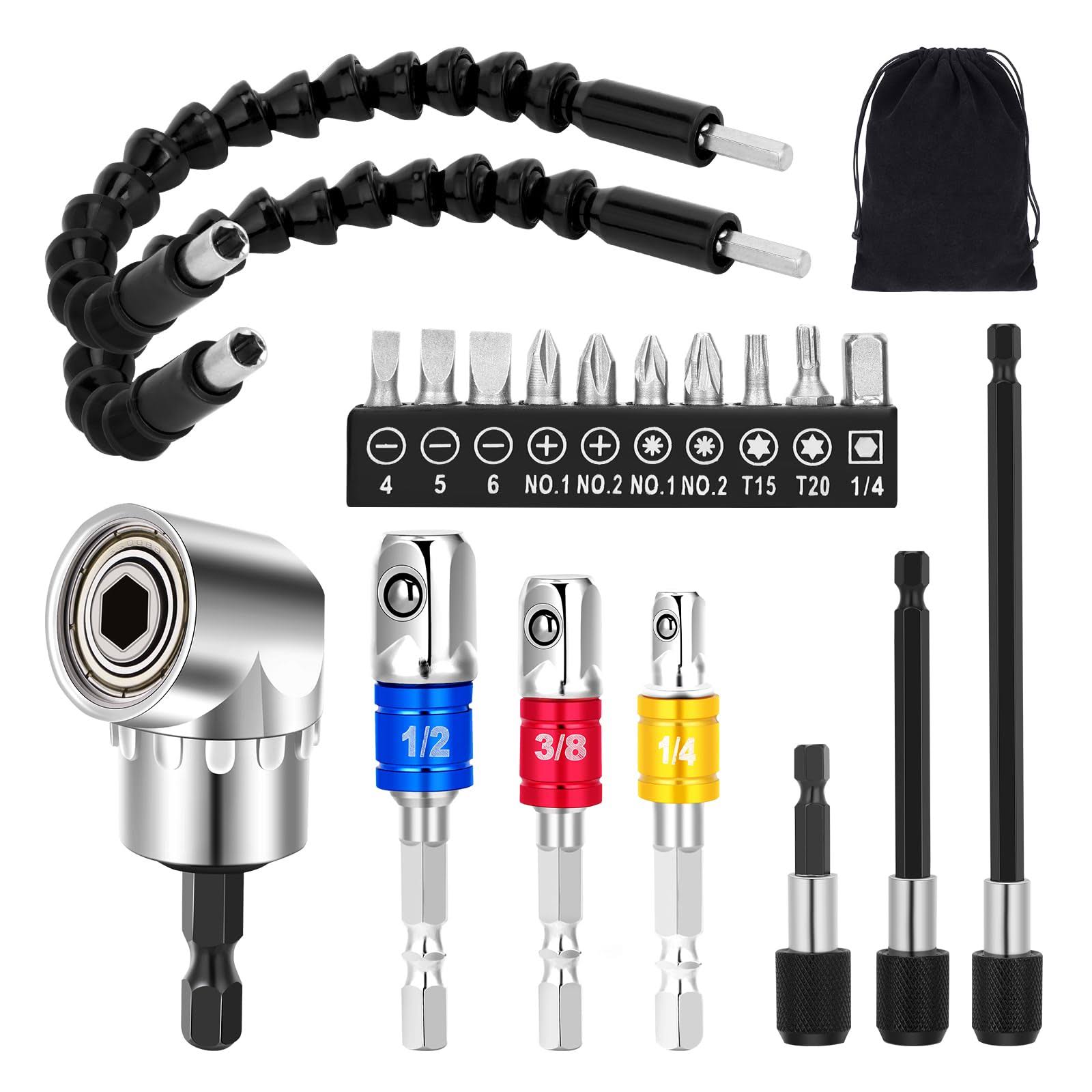 Tietoc Flexible Drill Bit Extension Set 19pcs Tools, Hex Shank 105�� Right Angle Drill Bit Attachment, Bendable, 3pcs 1/4 3/8 1/2