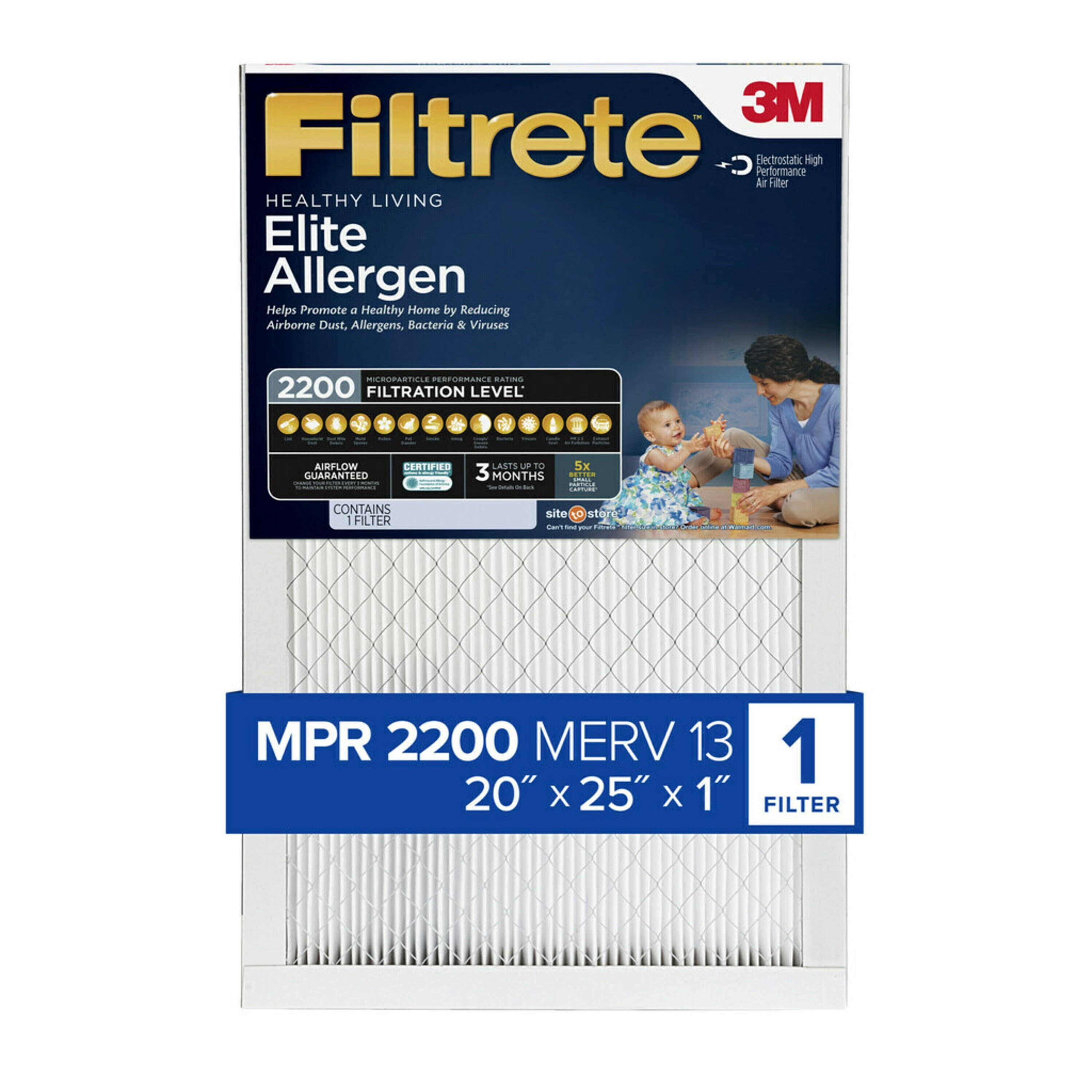 Filtrete 20x25x1, MERV 13, MPR 2200 Elite Allergen Reduction Furnace Air Filter