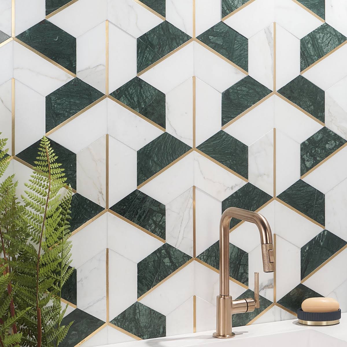 Ivy Hill Tile Timbira Verde 11.81 in. x 10.23 in. Polished Marble and Brass Wall Mosaic Tile (0.83 Sq. ft./Each)
