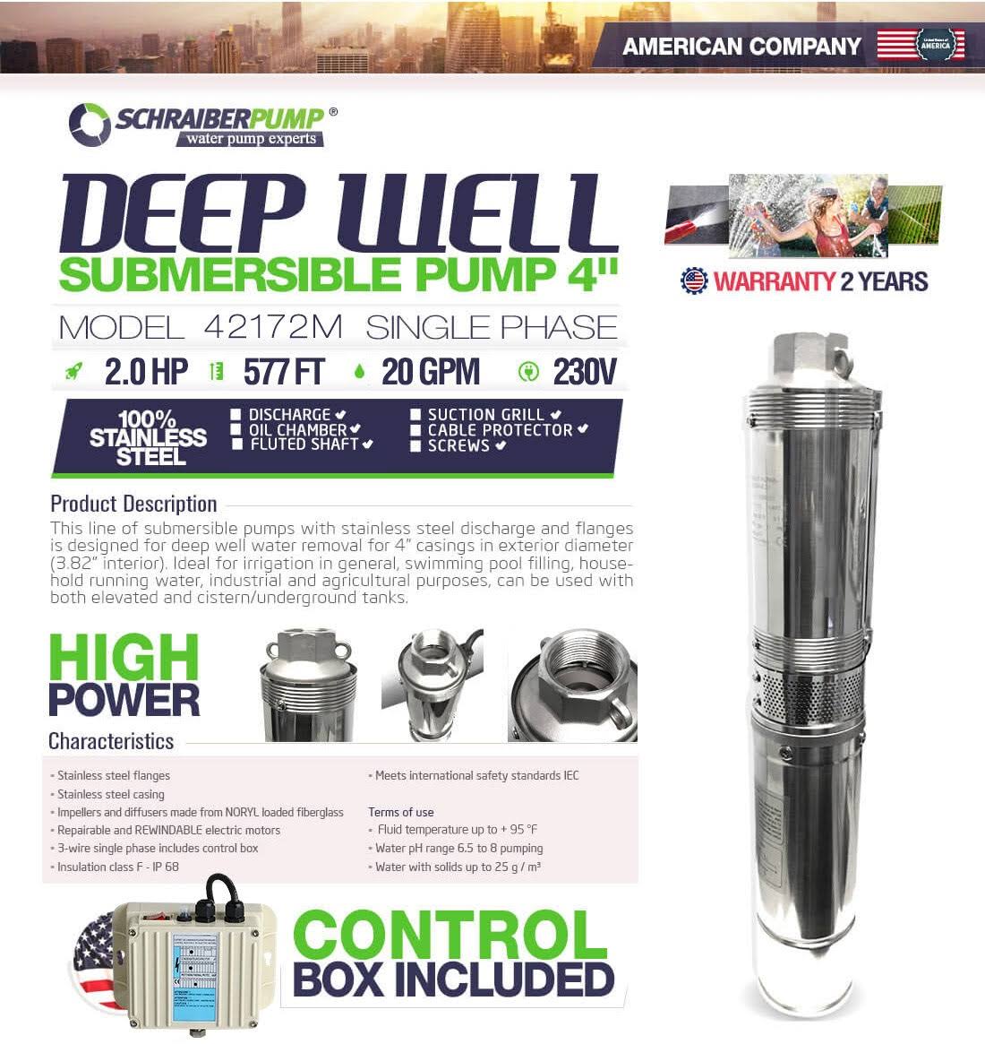 Schraiberpump 42172- 4 inch Deep Well Submersible Pump 2HP 577ft 20GPM Max. PSI 250 230V Single Phase