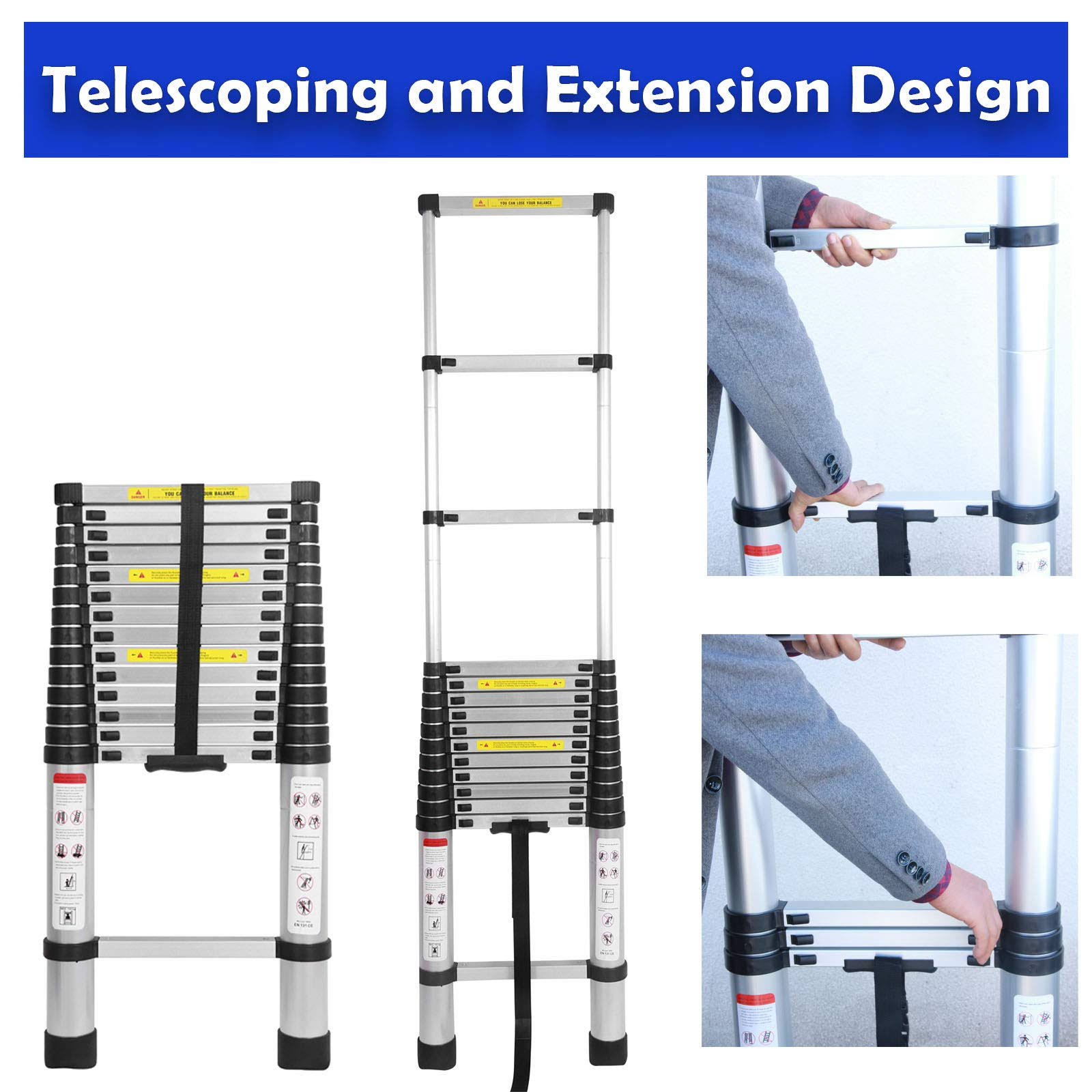 Bowoshen Telescoping Ladder 20ft 62M Aluminum DIY Extension Folding Loft Ladder with 2 Detachable Hooks Anti-Slip Rubber Feet Portable Heavy Duty Fold