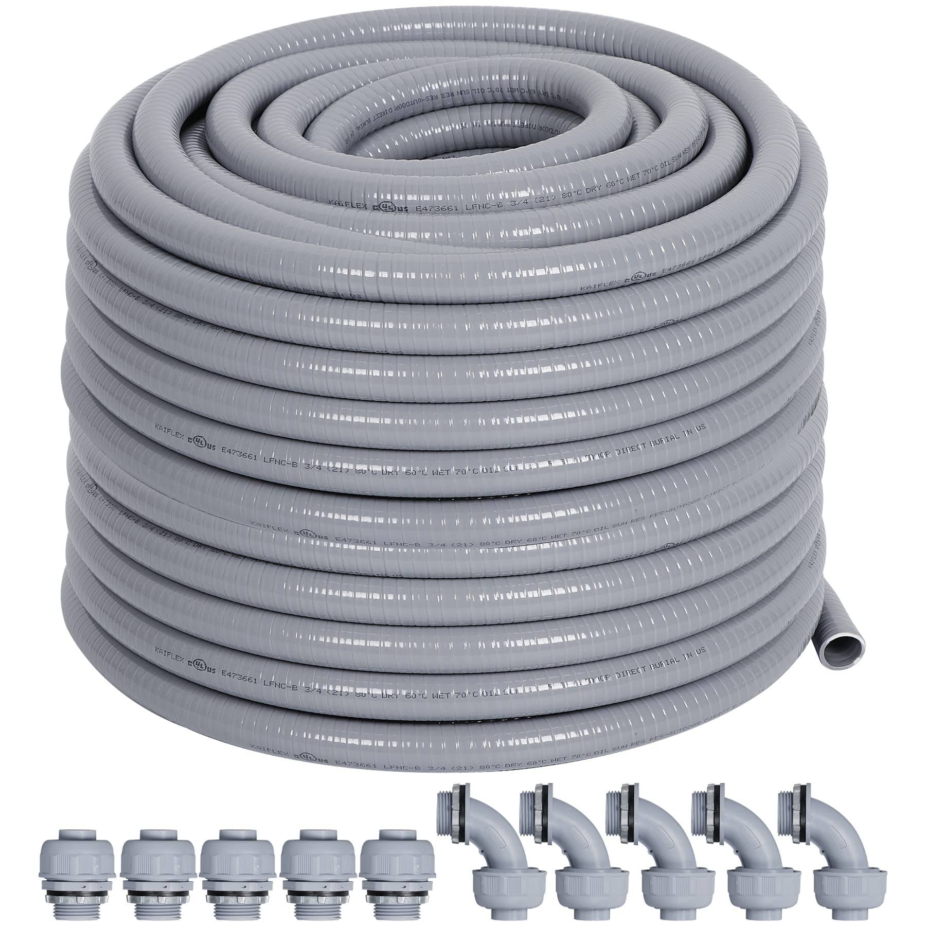 Neorexon Liquid-Tight Conduit 100 ft and 10 Pieces of Connector Kit, Electrical Conduit 3/4 100ft, Flexible Conduit with 5 Straight and 5 90-Degree