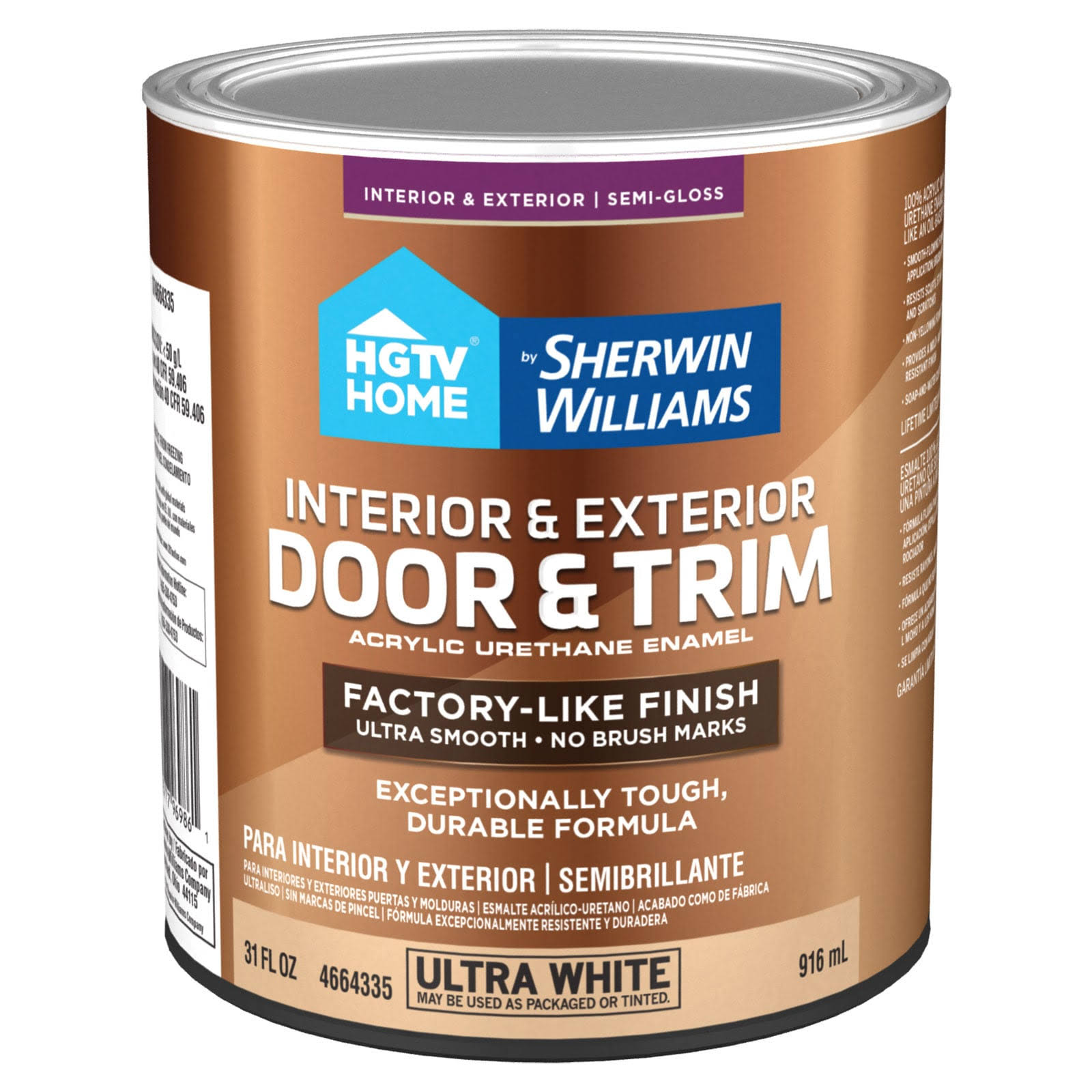 HGTV Home by Sherwin-Williams Semi-Gloss Ultra White Acrylic Interior/Exterior Door and Trim Paint (1-quart) | DT4664335-14