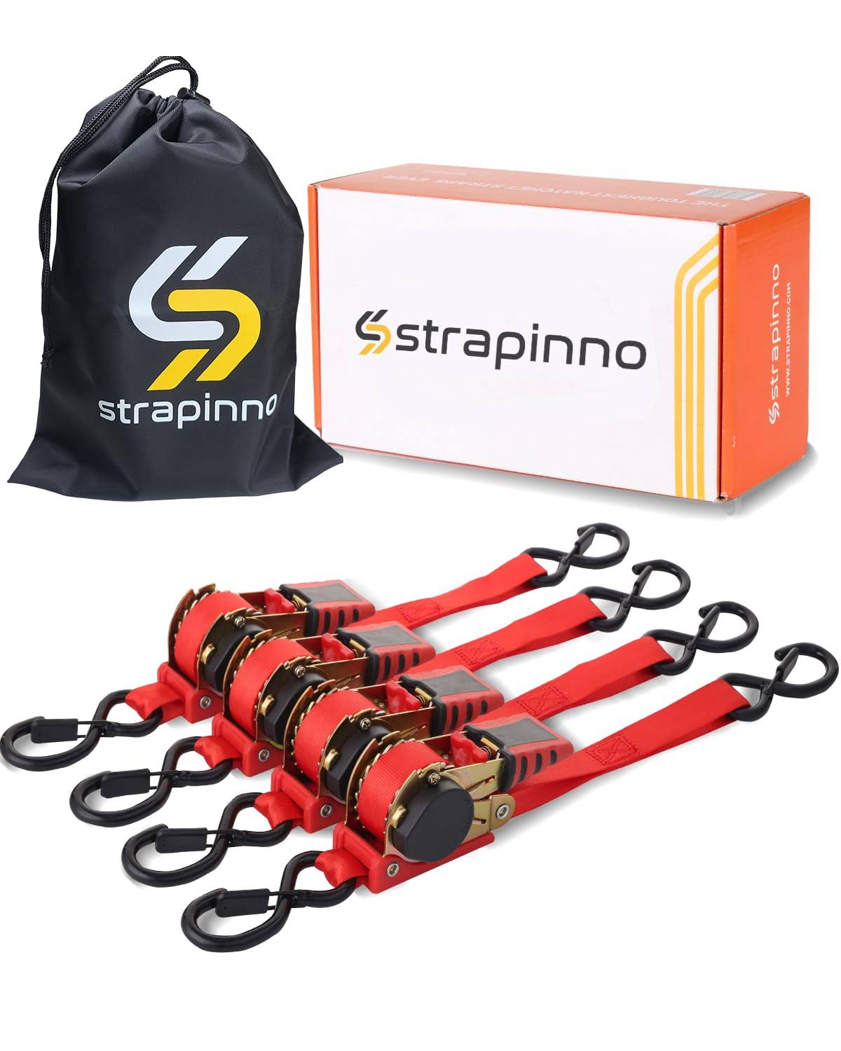 Strapinno Retractable Ratchet Straps 1 in x 10 ft, Secure Tie-Downs with Rubber-Coated Handles & S-Hooks, for Moving Motorcycle, Bike, Kayak, Cargo