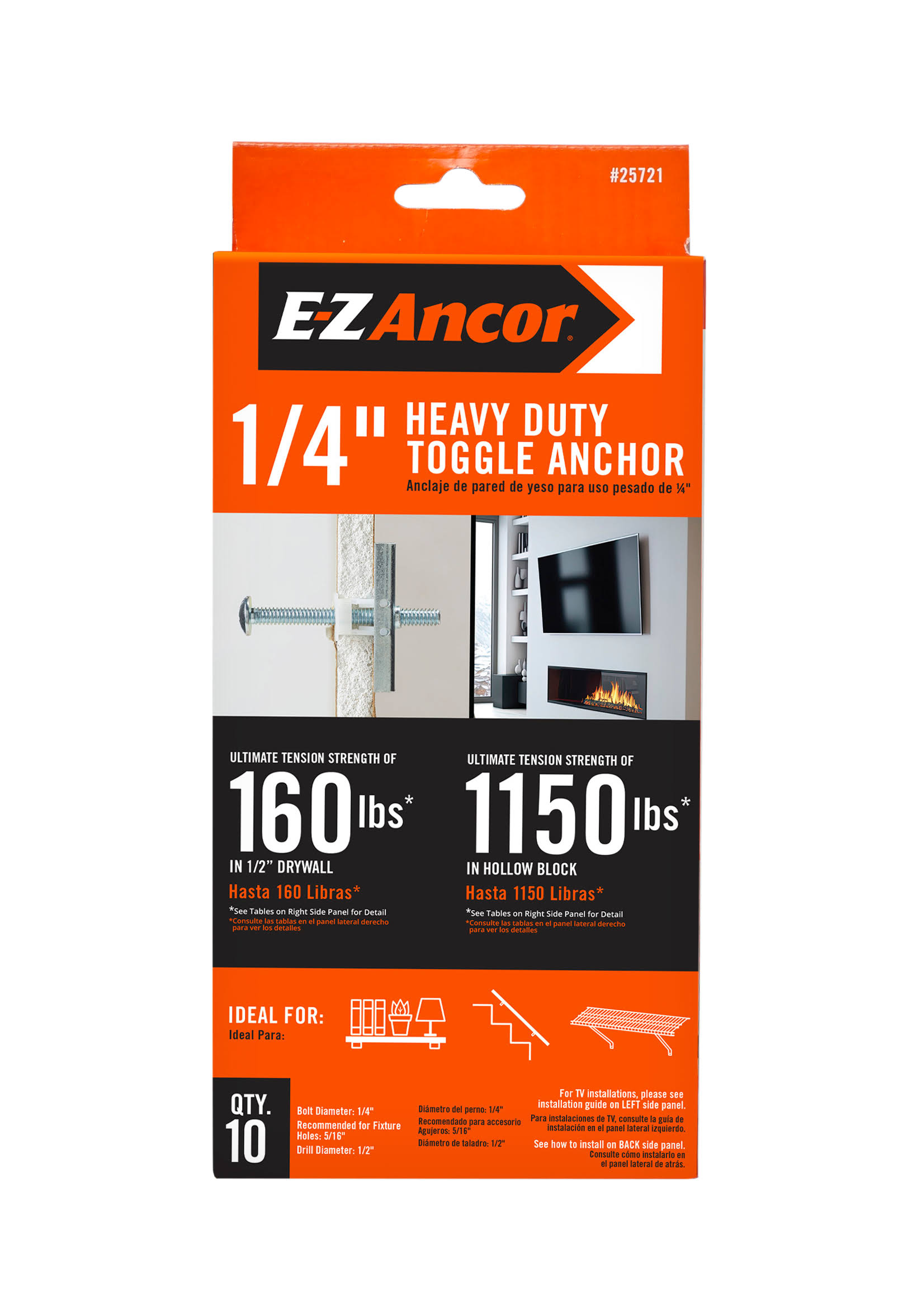 E-Z Ancor 25721 1/4-in Dia Toggle Bolt Drywall Anchor, 10-Pack (Screws Included)