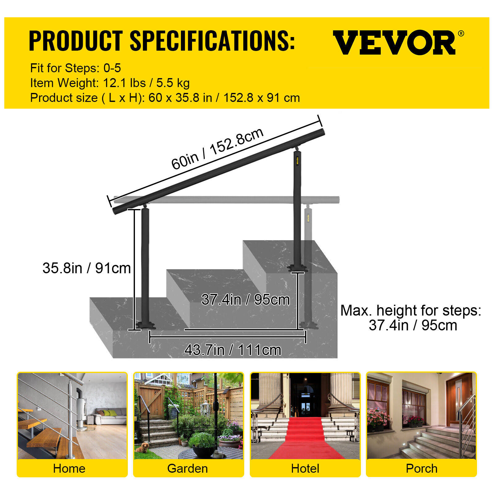 VEVOR Outdoor Stair Railing Kit 5 ft Handrails 0-5 Steps Adjustable Angle Aluminum Stair Hand Rail- 0-5 Steps- Black