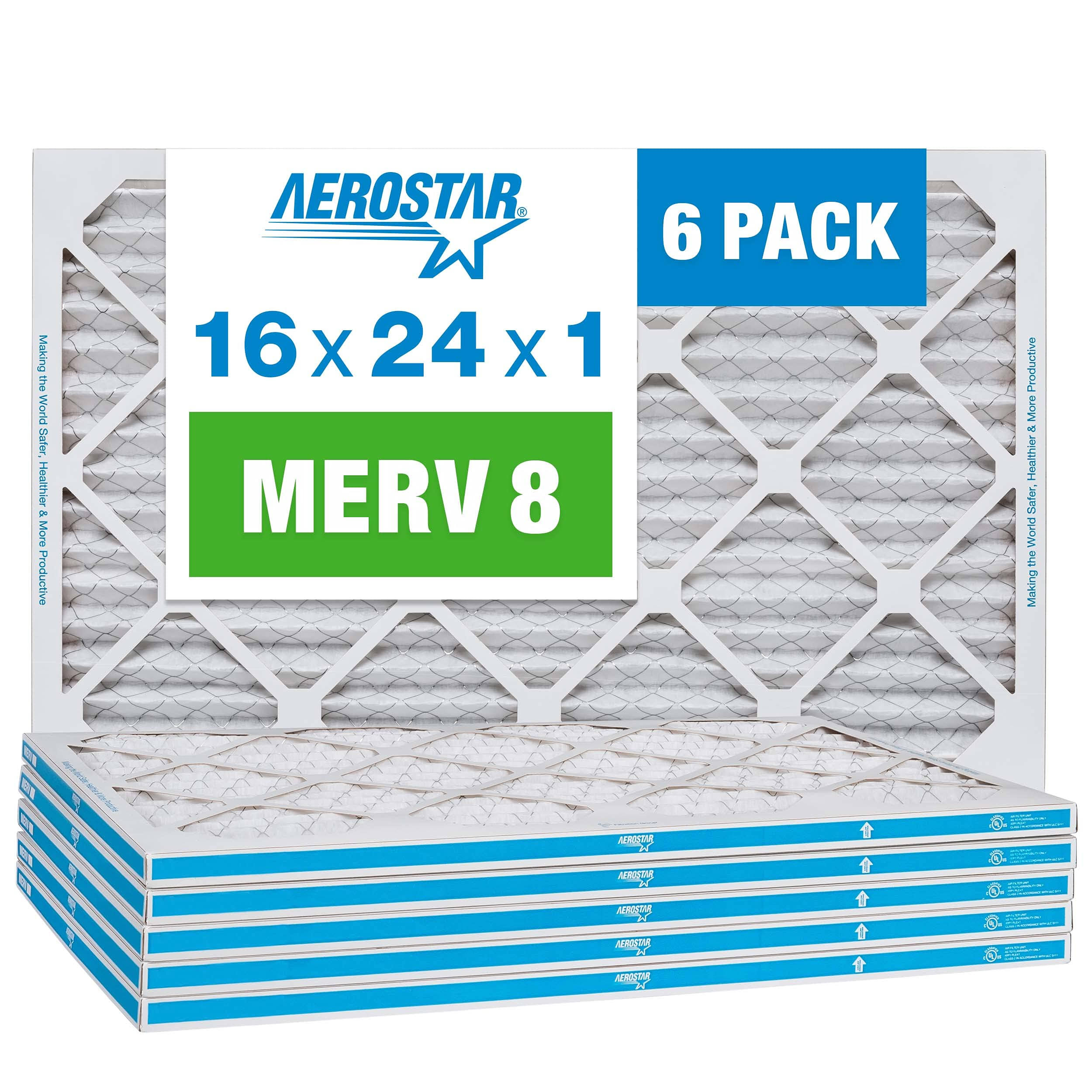 Aerostar 16x24x1 MERV 8 Pleated Air Filter, Made in The USA, 6-Pack